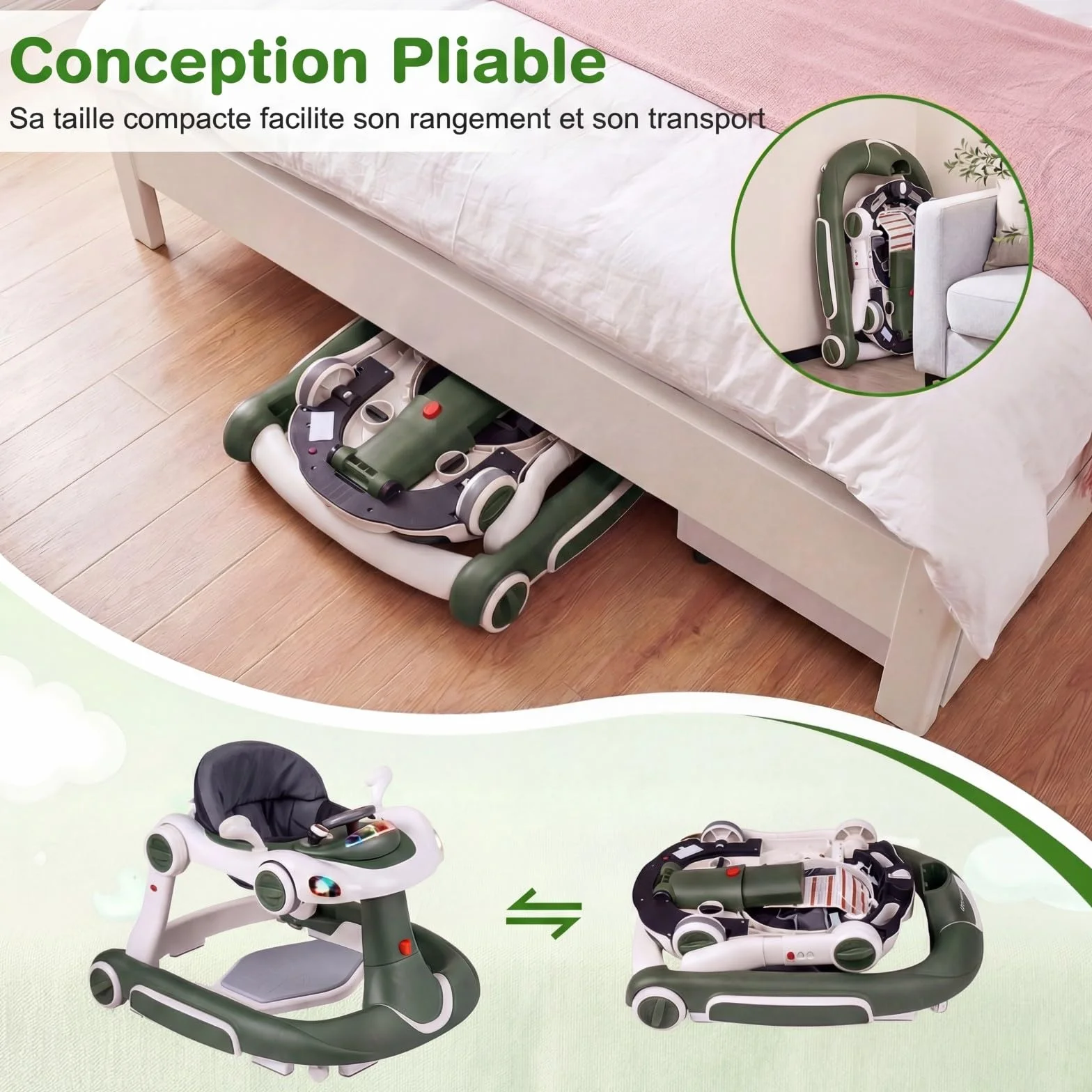 COSTWAY Trotteur Bébé Pliable 7 en 1 avec Mode Bascule et Sautillant, Hauteur Réglable, Musique et Lumière, Charge 12kg, 7-18 Mois (Vert)