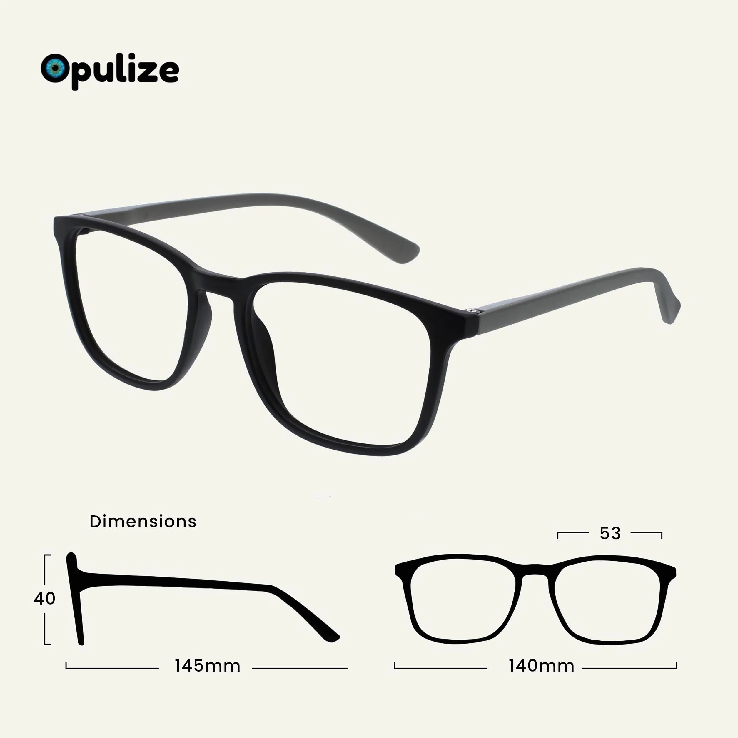 Lunettes de Lecture OPULIZE Max +2,50 Monture Large Rectangulaire Noir Mat Branches Grises