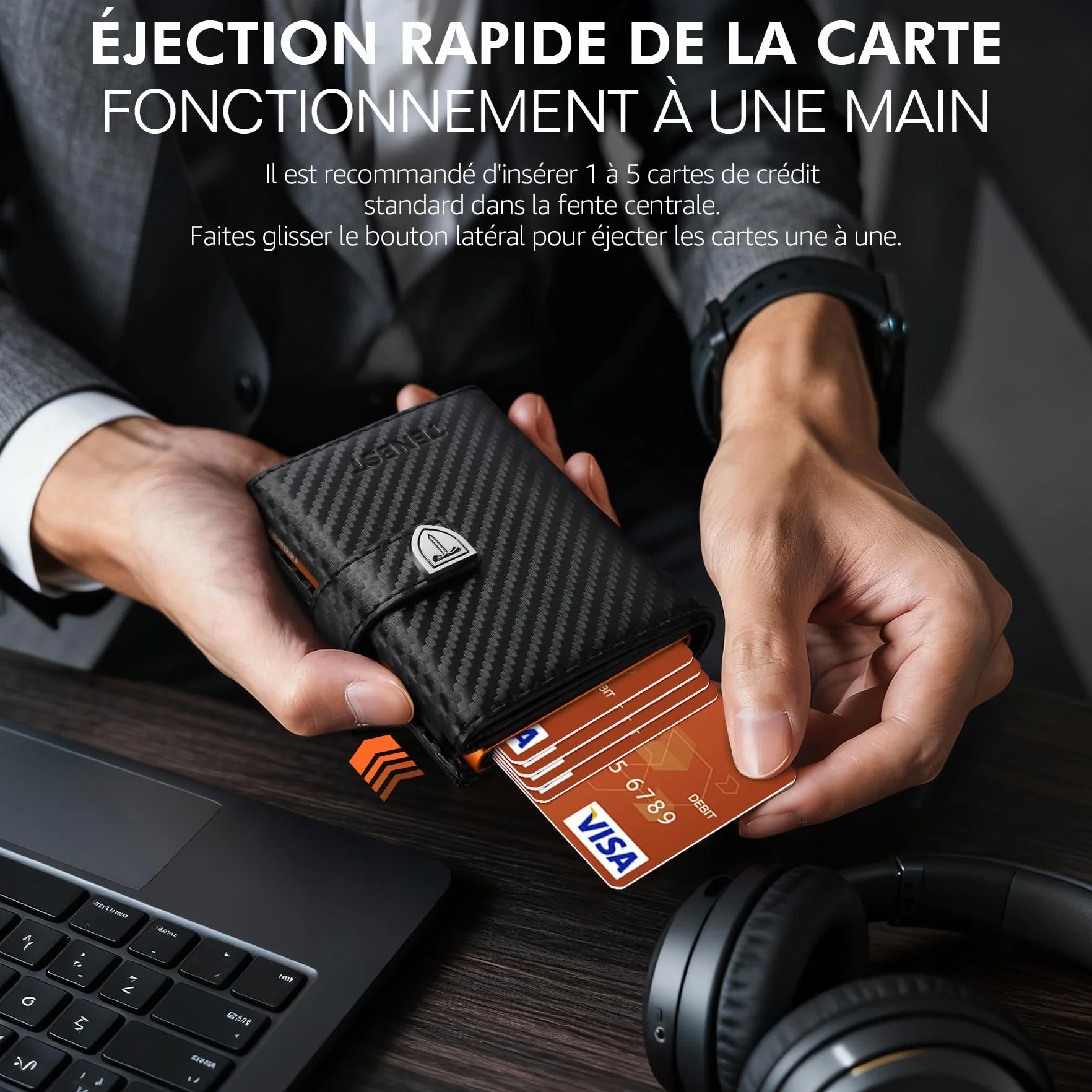 TENBST Portefeuille Homme Ultra Fin RFID Protection 10 Cartes Crédit Noir Orange
