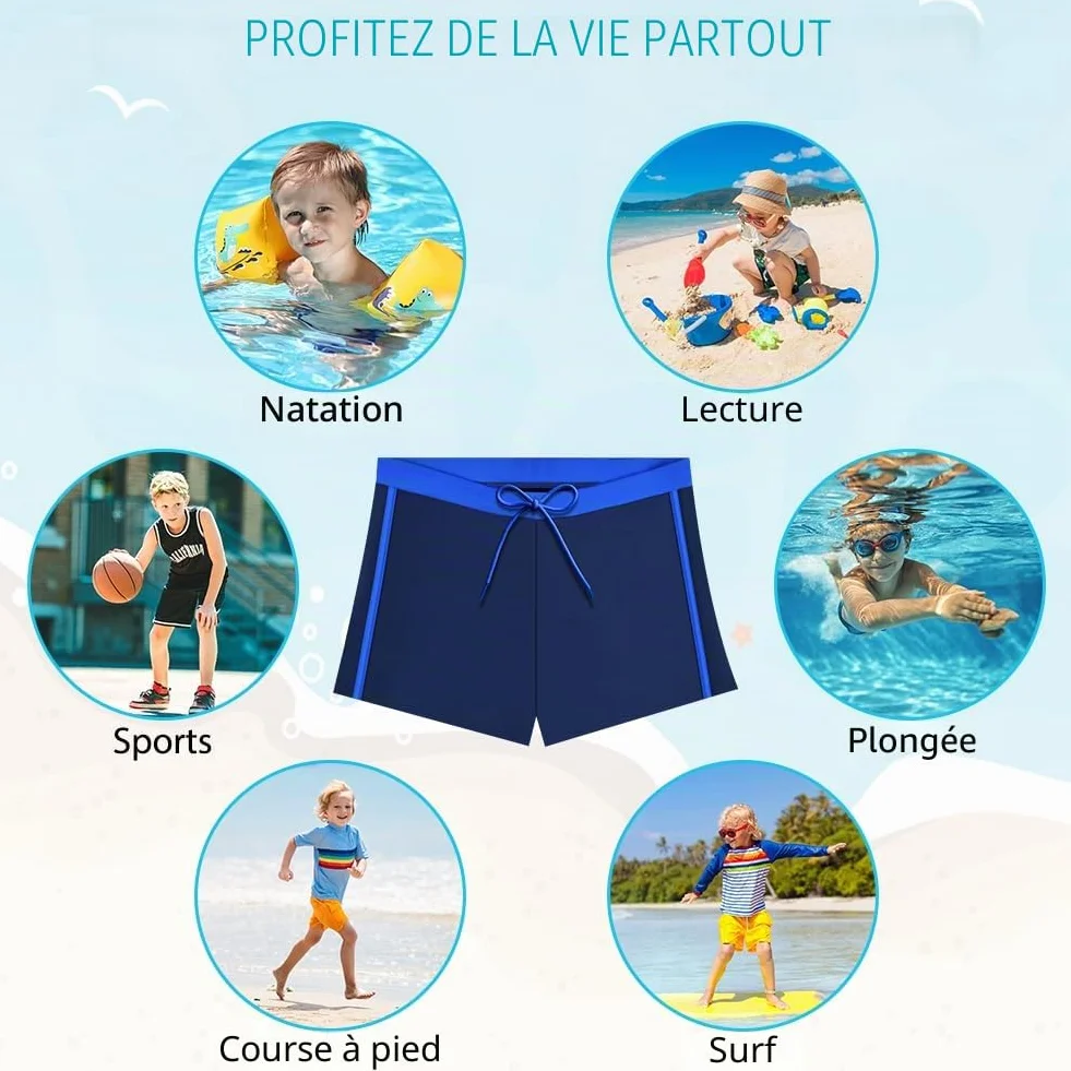 Boxer Shorts de Bain Vintage Garçon 128-164 cm, Noir & Marine, Séchage Rapide