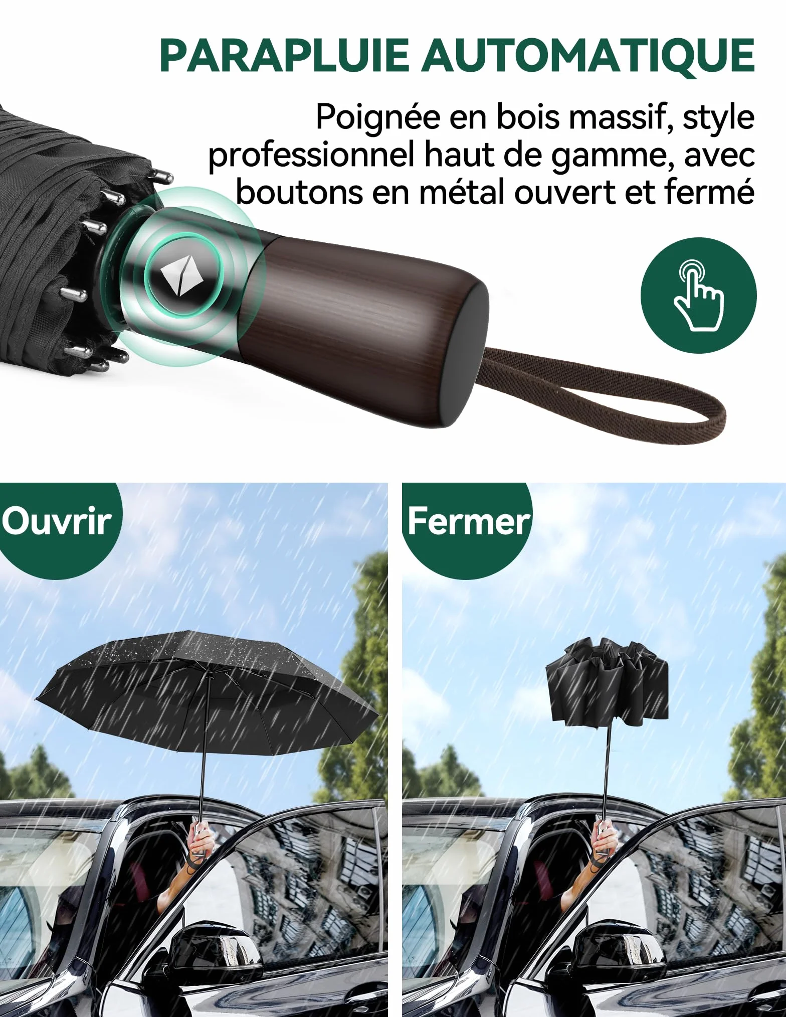 TECKNET Parapluie Pliant Automatique Compact Homme Voyage Revêtement Téflon 210T Anti-Tempête Double Toit Coupe-Vent Poignée Bois Véritable