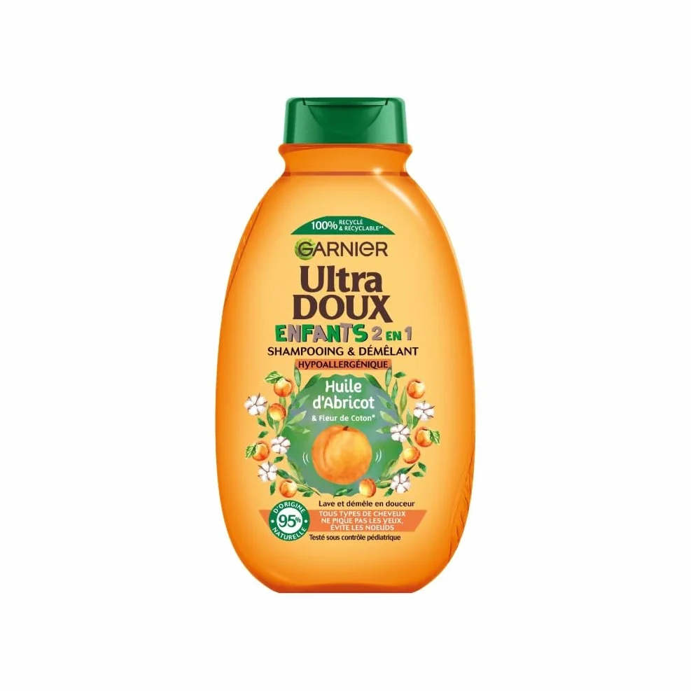 Garnier Ultra Doux Shampooing & Démêlant 2-en-1 Enfants Huile d'Abricot Fleur de Coton Hypoallergénique 400 ml