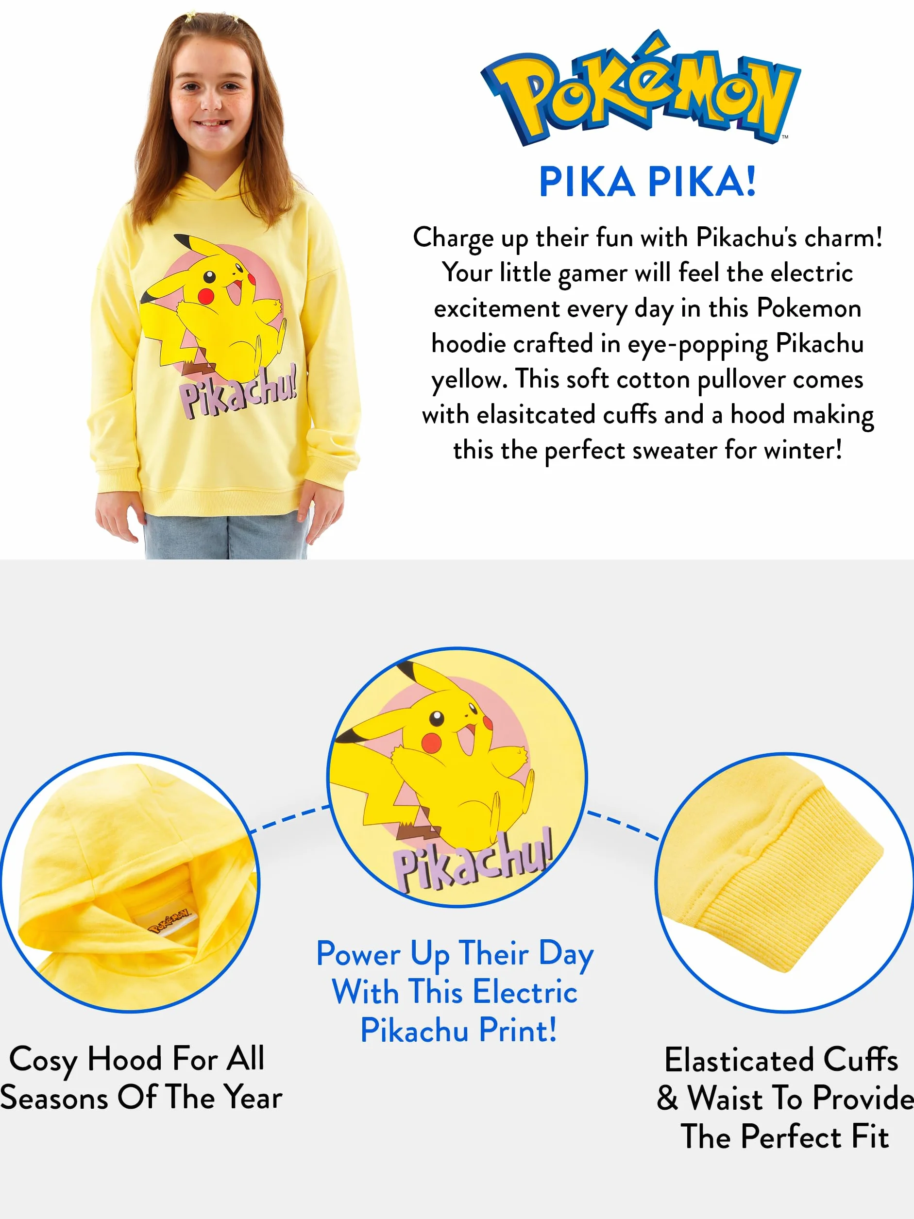 Pokémon Sweat à Capuche Fille Pikachu Jaune 5-12 Ans