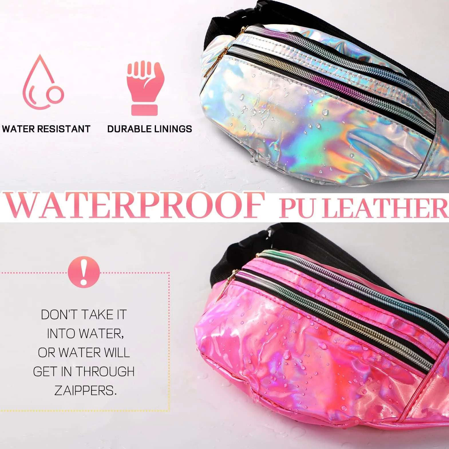 JunD Sac Banane Femme Cuir PU Holographique Années 80 90 pour Festivals Randonnée Course à Pied 2 Pack Argent Rose