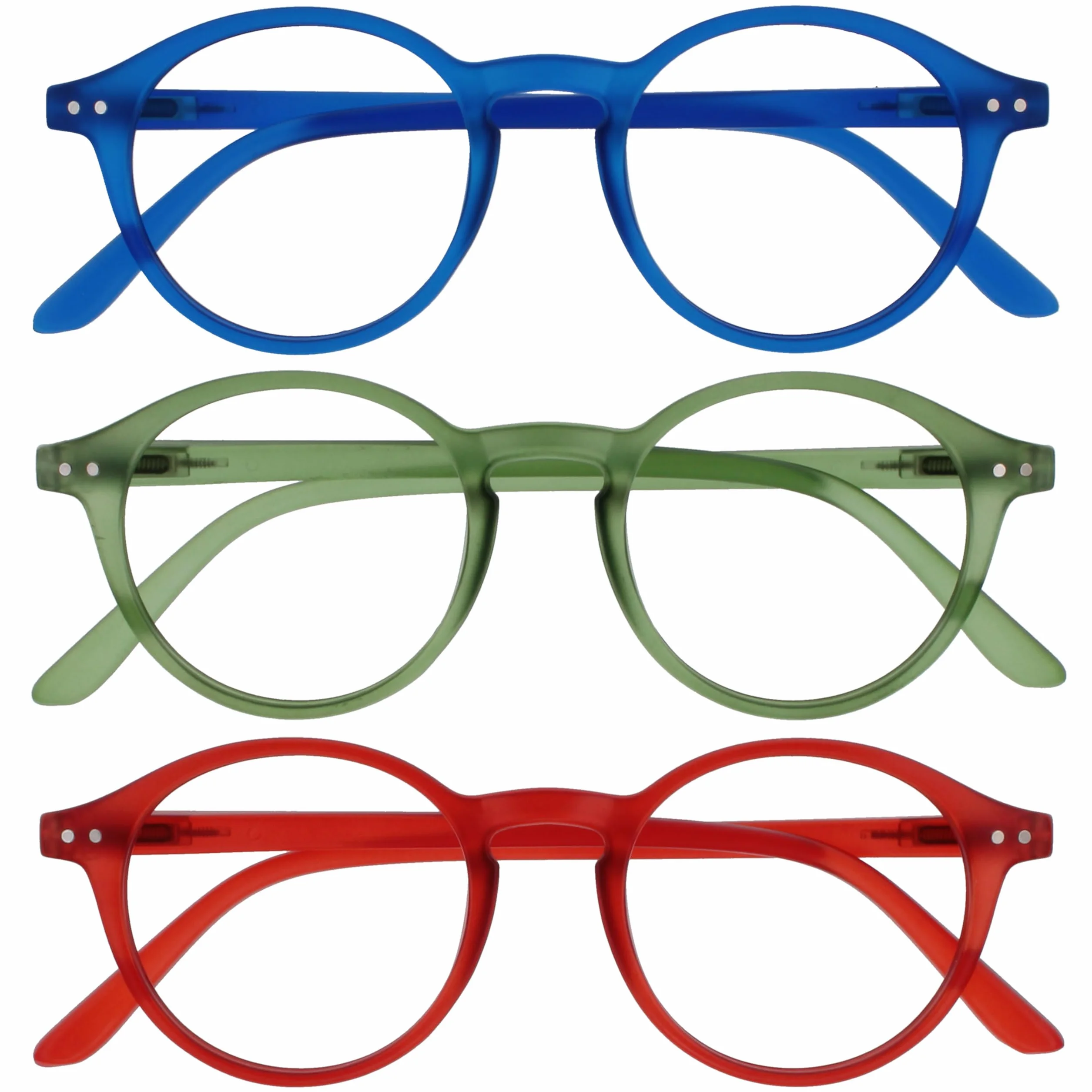 OPULIZE REY Lunettes de Lecture Lot de 3 Montures Rondes Rétro Bleu Mat Vert Rouge Charnières à Ressort +3.00