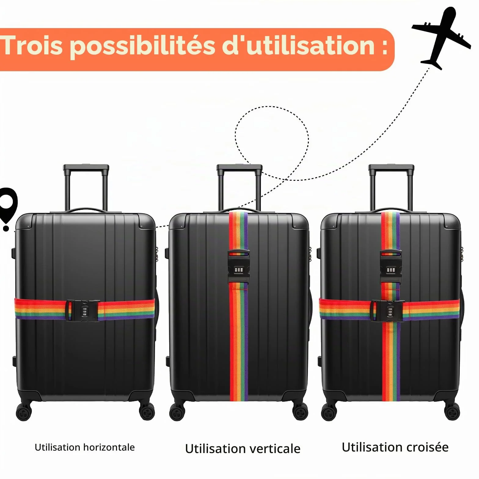 Lot de 2 Sangles pour Bagage Réglable avec Code Valise Voyage Arc-en-Ciel