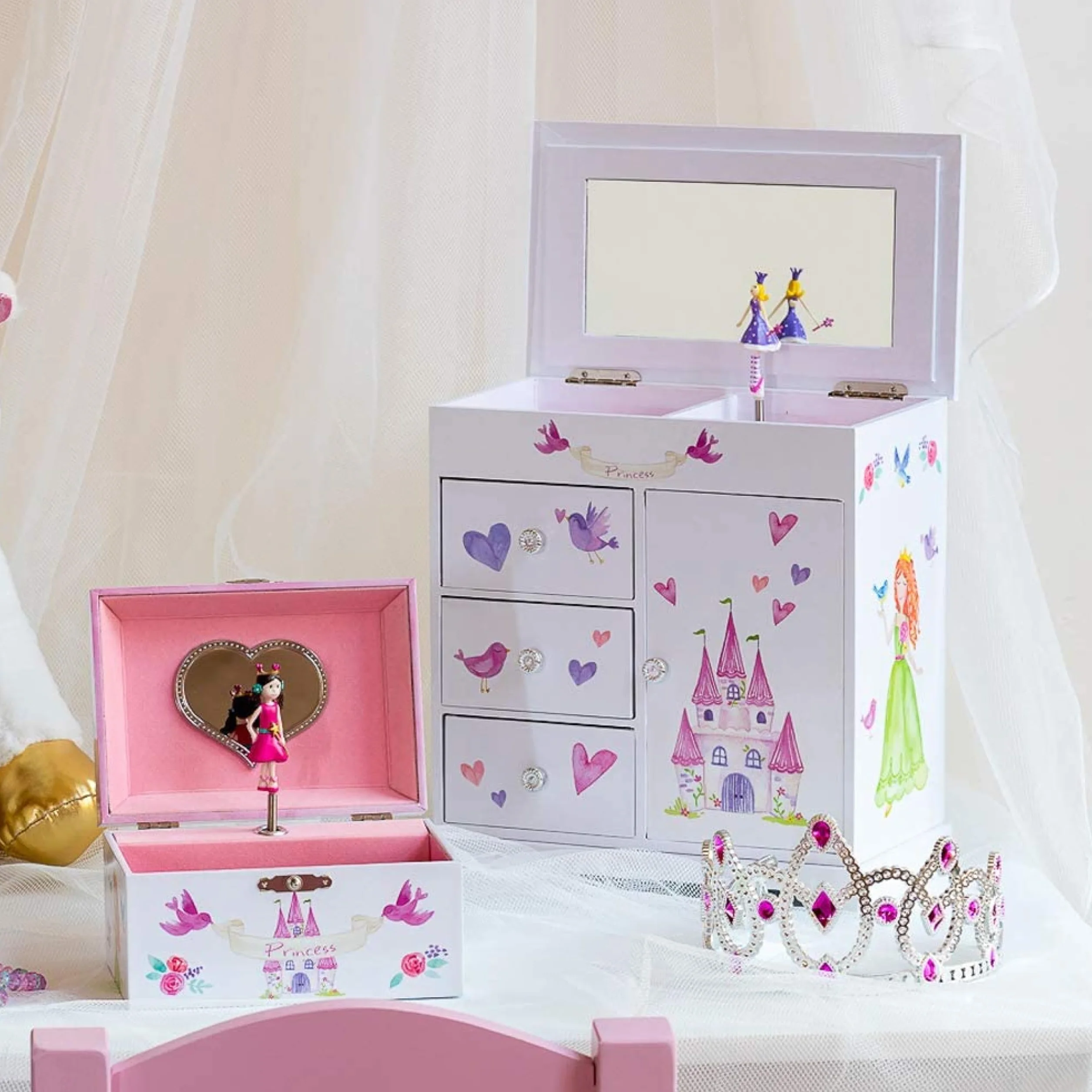 Jewelkeeper boîte à bijoux princesse musicale avec 3 tiroirs licorne château fées mélodie danse fée dragée
