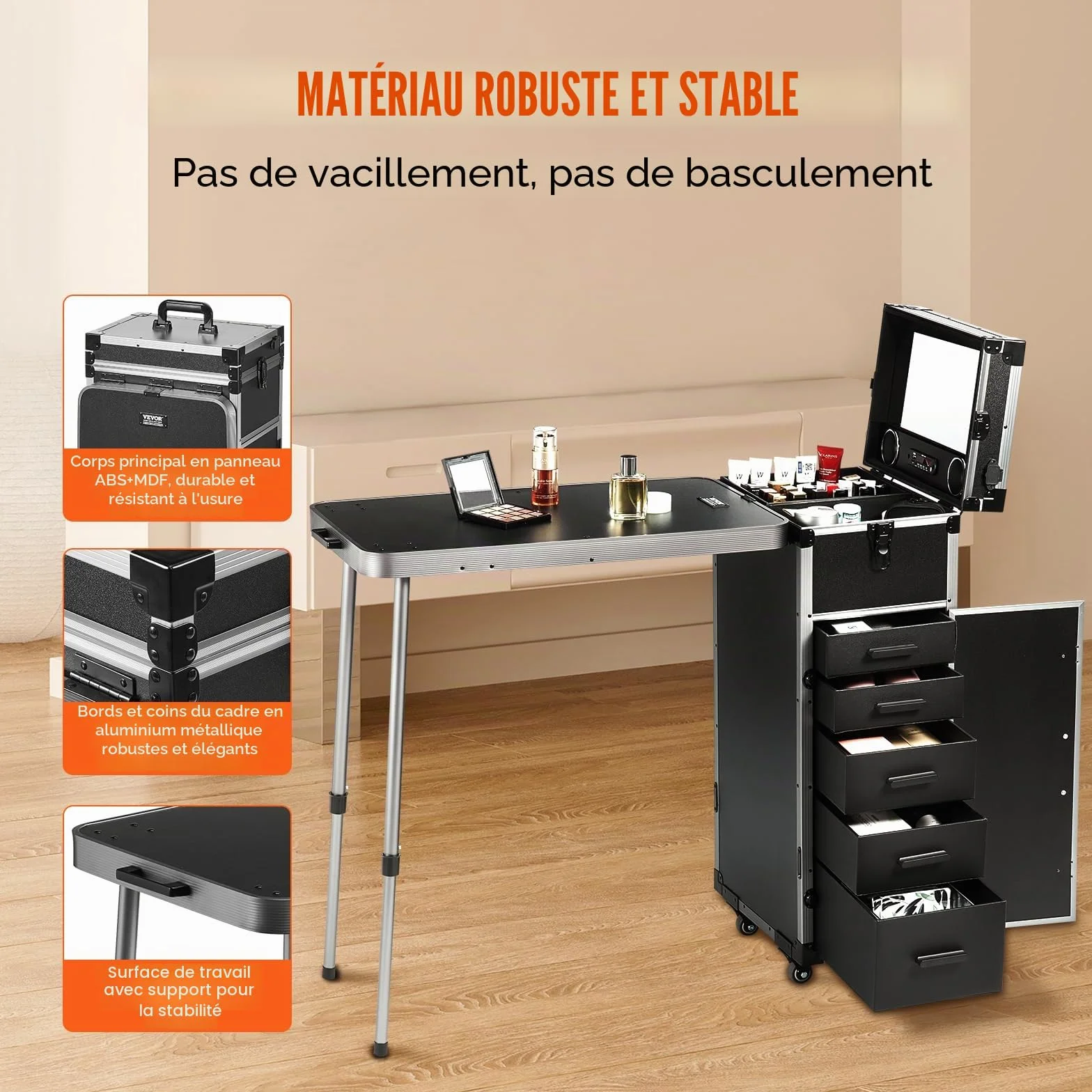 VEVOR Mallette de Maquillage en Aluminium Professionnelle avec Roues Pivotantes 360°, Noir