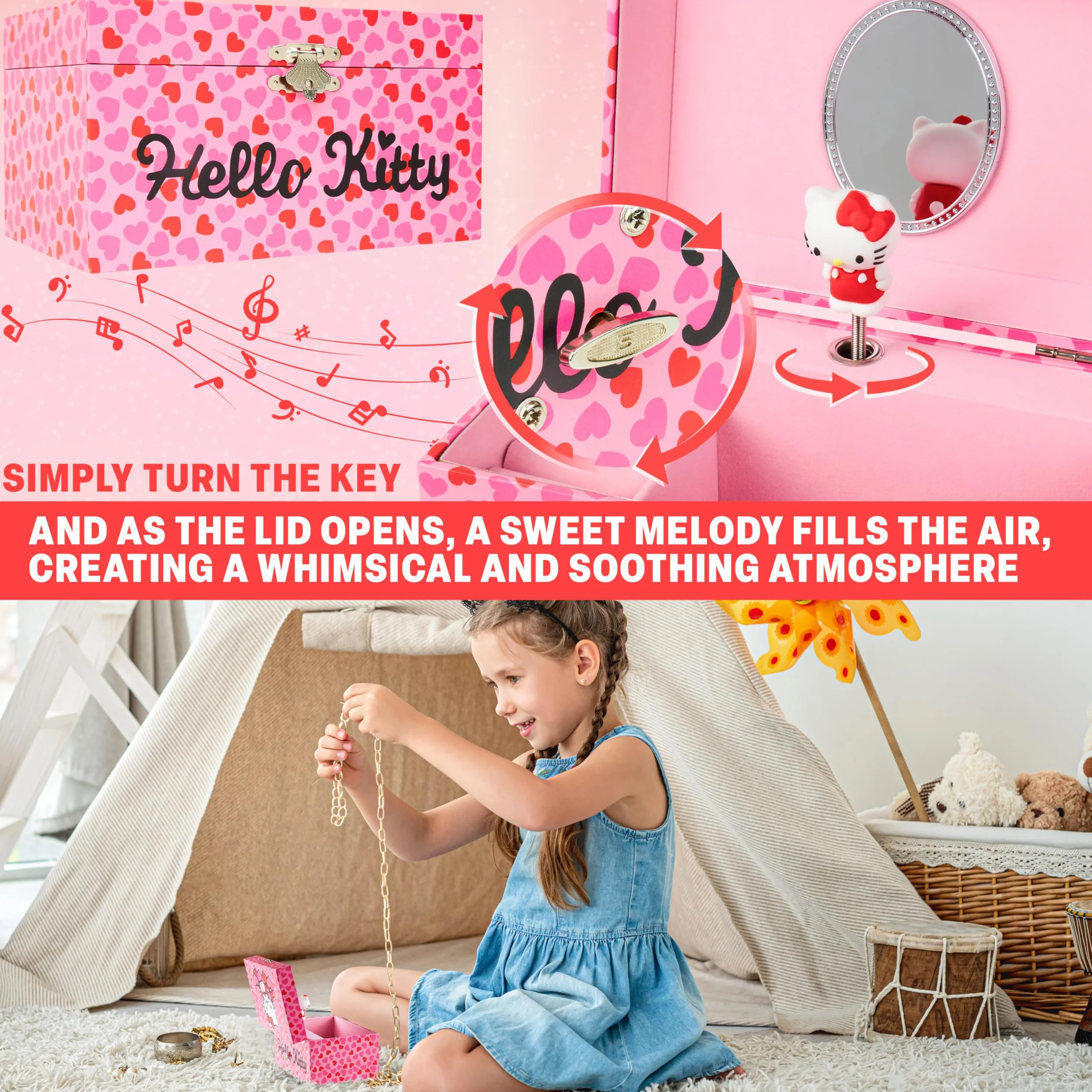 Hello Kitty Sanrio Boîte à Bijoux Musicale Fille Ado Coffret Kawaii Miroir Tiroirs Rangement Rose