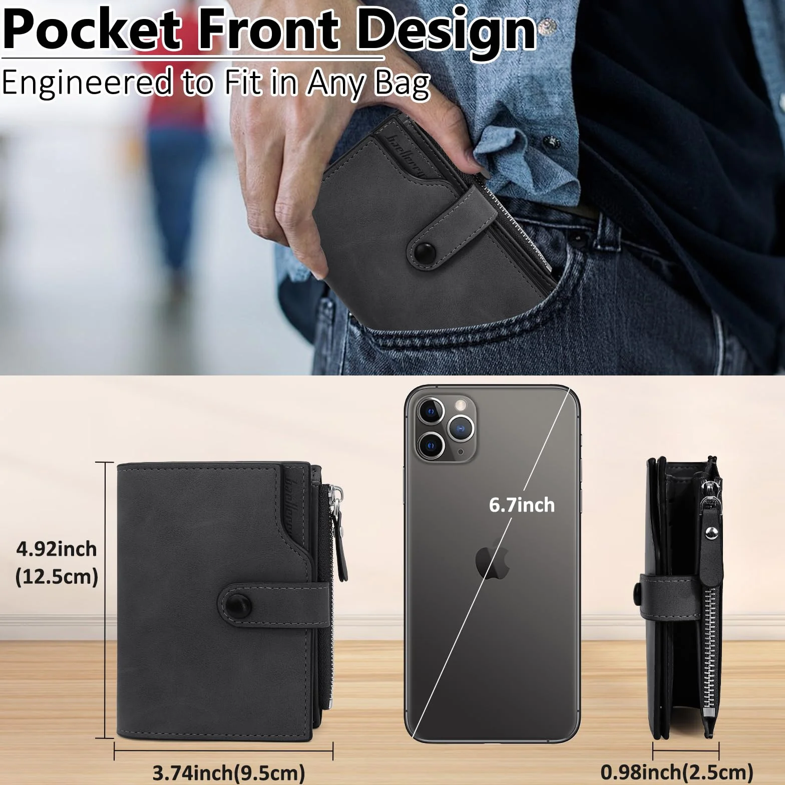 Portefeuille Homme RFID Bloquant Cuir PU avec 17 Porte Carte, Vertical Zippé Noir