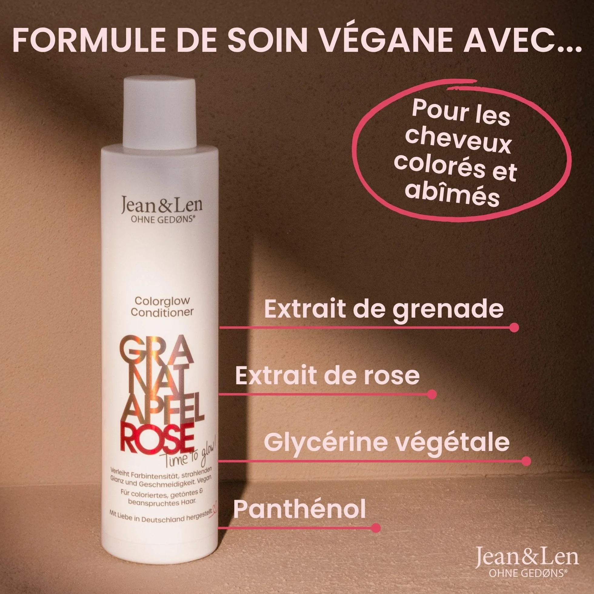 Jean & Len Après-shampooing Colorglow cheveux colorés extrait grenade pétales rose panthénol 300 ml