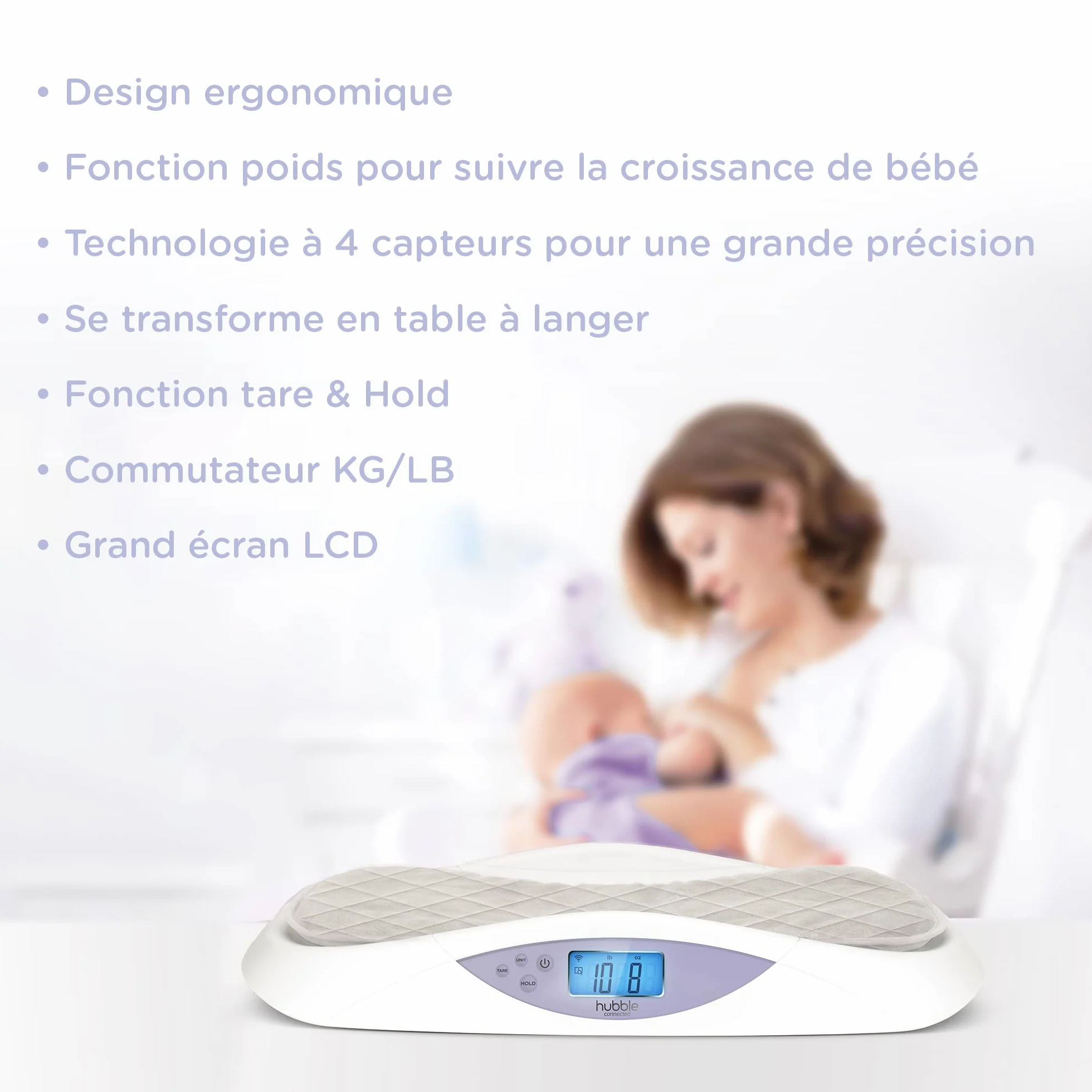 Hubble Connected Grow Pèse-bébé Bluetooth intelligent avec écran LCD, suivi du poids, matelas à langer doux, technologie 4 capteurs