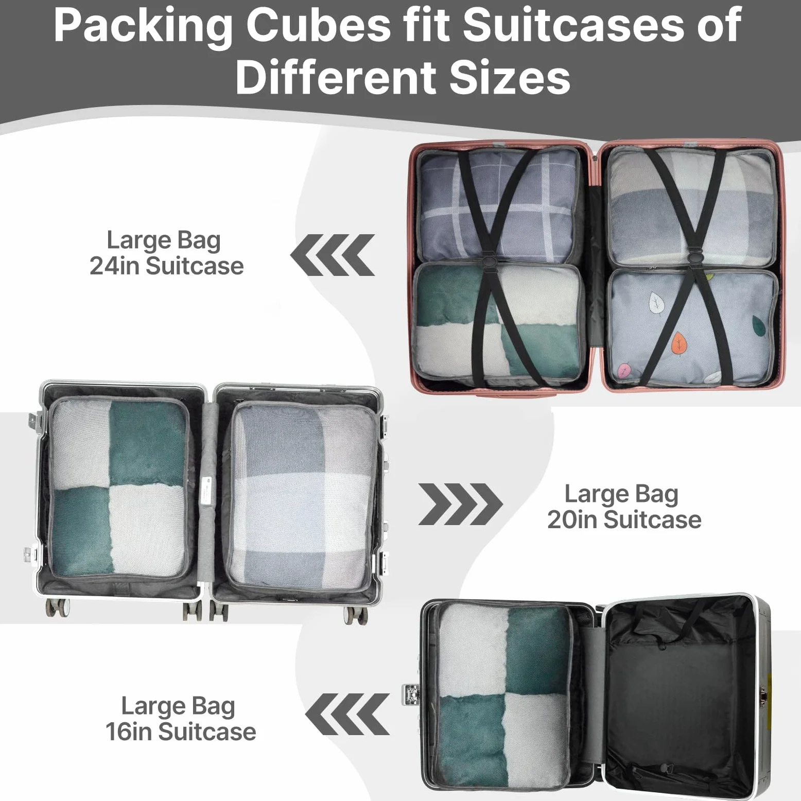 Lot de 6 cubes d'emballage extra larges, 62 x 40 x 15 cm, sacs de rangement en maille pour valises, extra larges uniquement (gris clair, 6 x XXL)