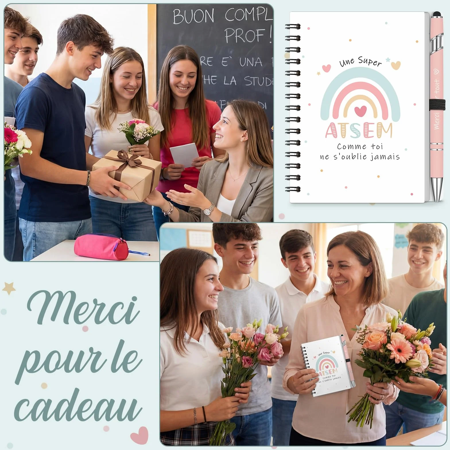 BBTO Ensemble de 4 Pièces Merci Cadeau Atsem Maîtresse d'École avec Trousse, Carnet, Stylo, Porte Clés