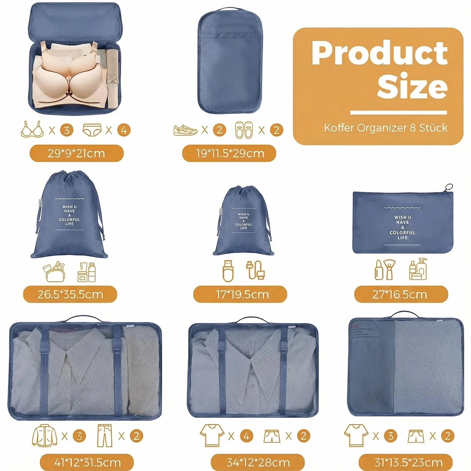 Organisateur Valise 8 Pièces, Packing Cubes de Voyage, Sacs Rangement Accessoires pour Vêtements Chaussures Cosmétiques Bleu Marine