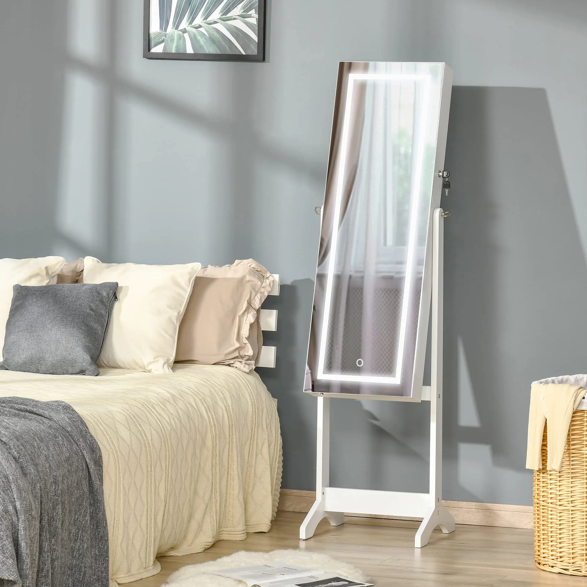 HOMCOM Armoire à bijoux LED avec miroir sur pied blanc