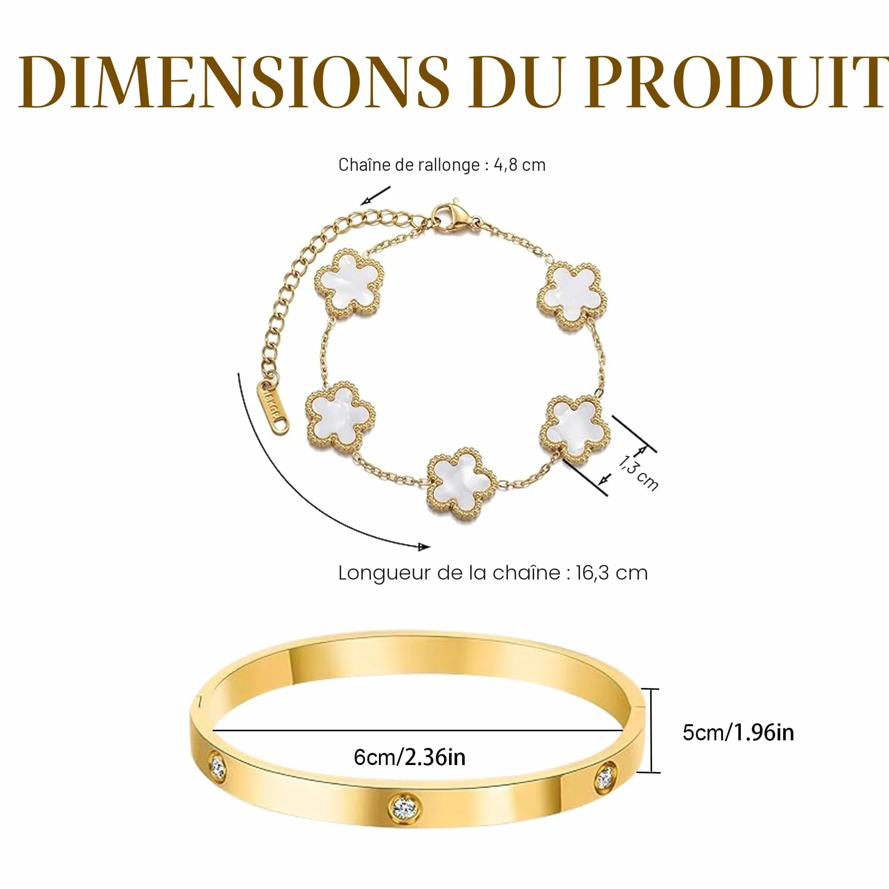 Plaqué 18K Bracelet Femme Trèfle Porte-Bonheur 2 Pièces Bijoux Empilables