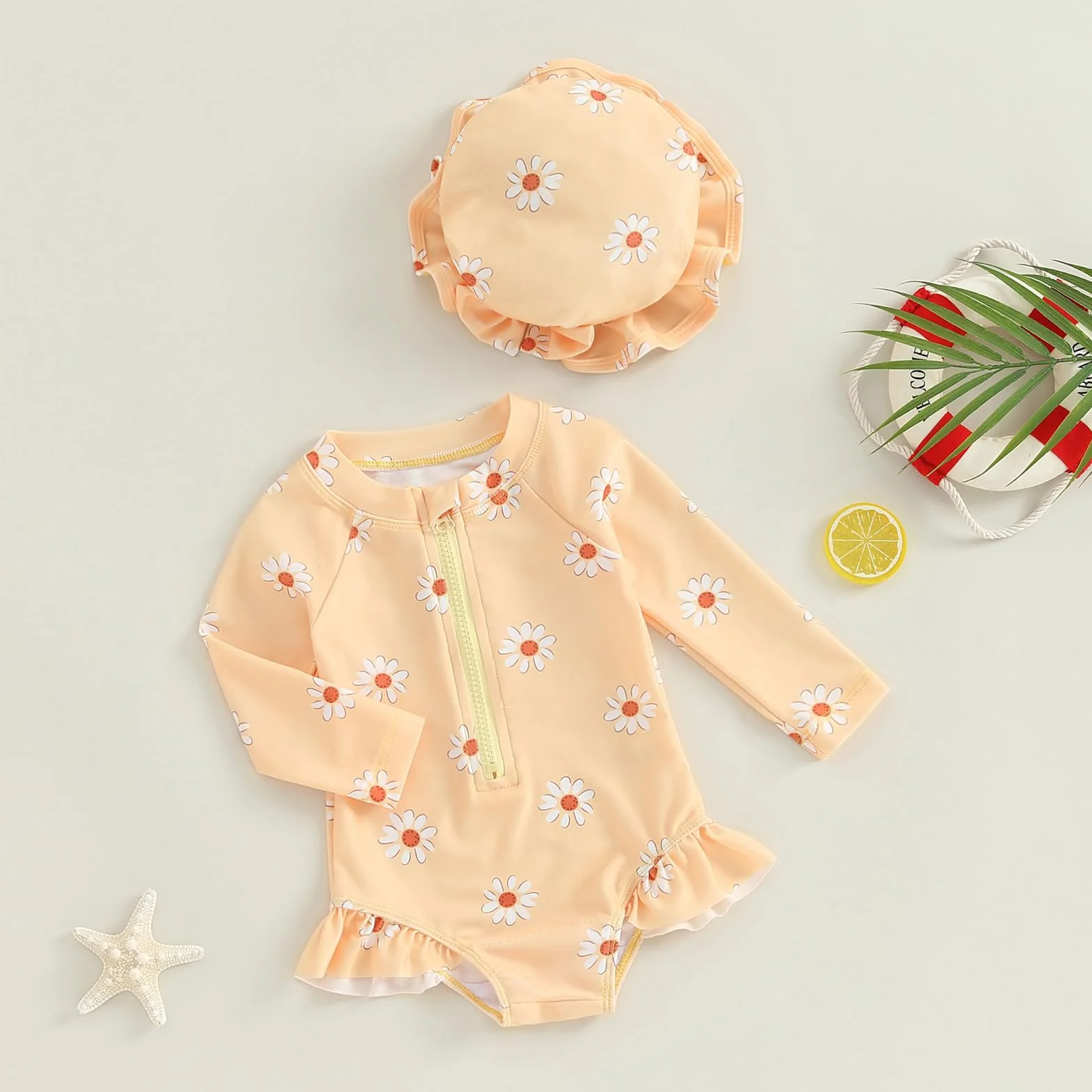 Carolilly Maillot de Bain Une Pièce Bébé Fille à Volant Imprimé Floral Anti-UV Manches Longues avec Chapeau 6 Mois à 3 Ans
