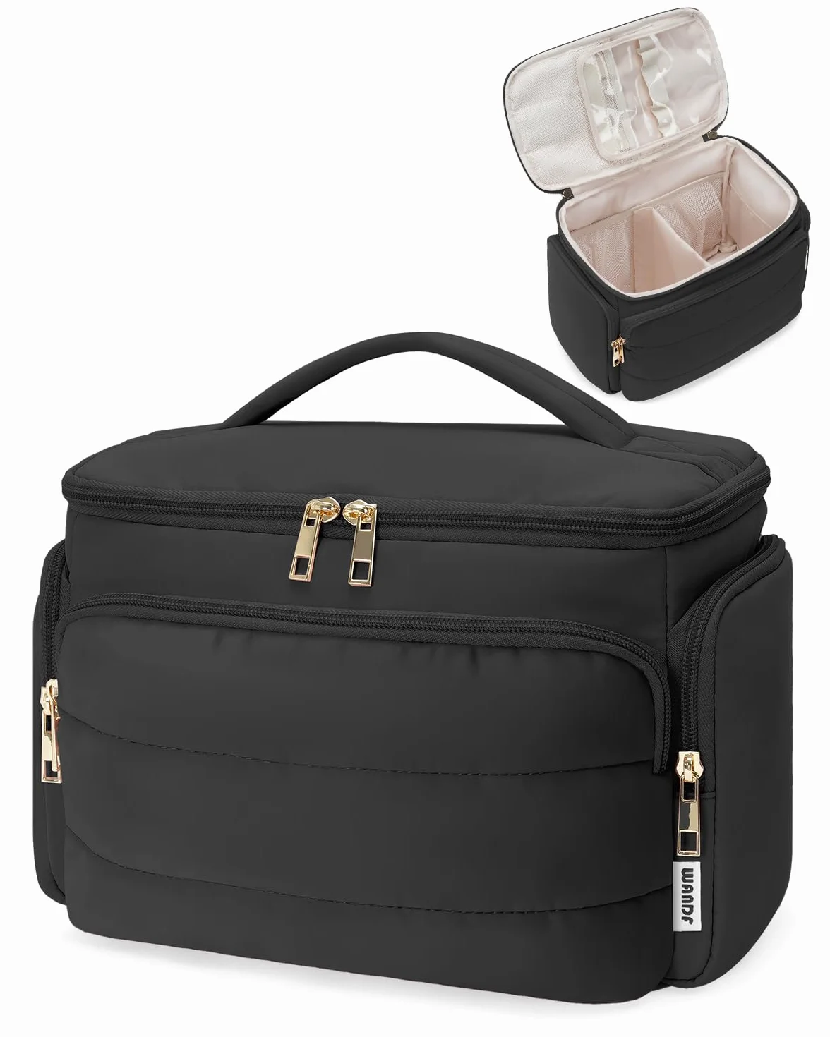 WANDF Trousse de Toilette Voyage Grand Sac à Maquillage Ouverture Étendue Poignée Sac Cosmétique Gonflé
