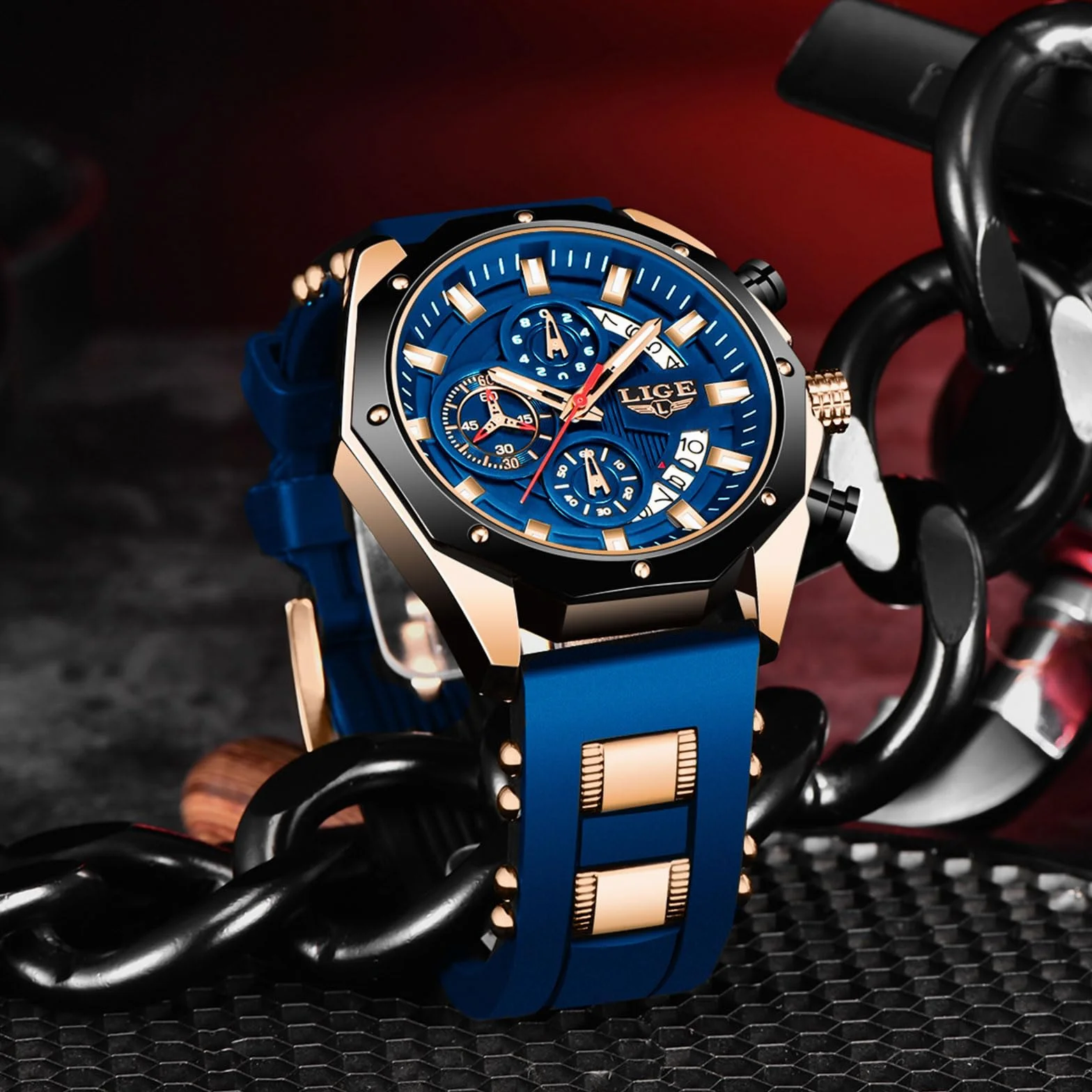 LIGE Montre Homme Chronographe Quartz Analogique 3ATM Etanche Bracelet Silicone Lumineux Date