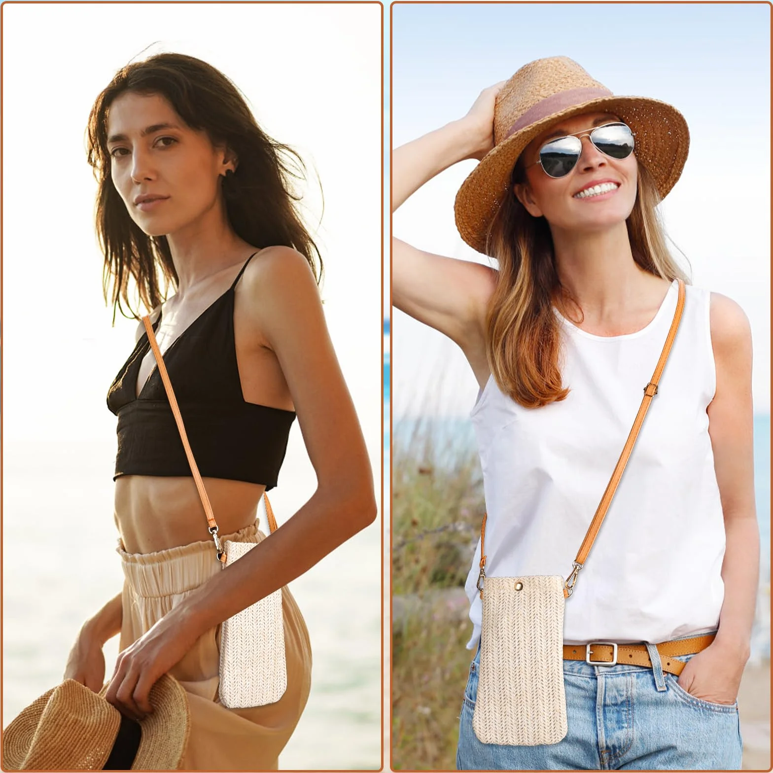 Sac à main réglable en paille pour femme, pochette téléphone portable bandoulière