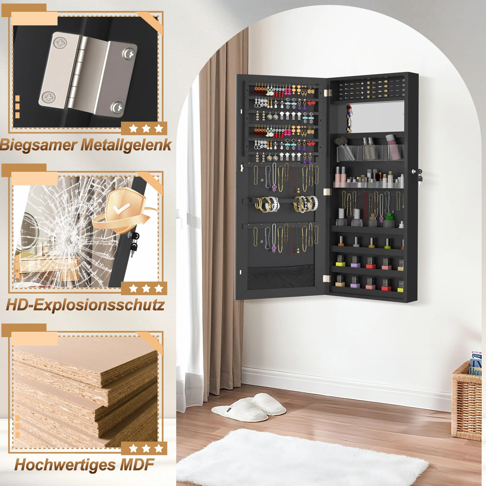 Armoire à bijoux avec miroir murale 2 en 1 107,5 x 36,5 x 9,5 cm Noir