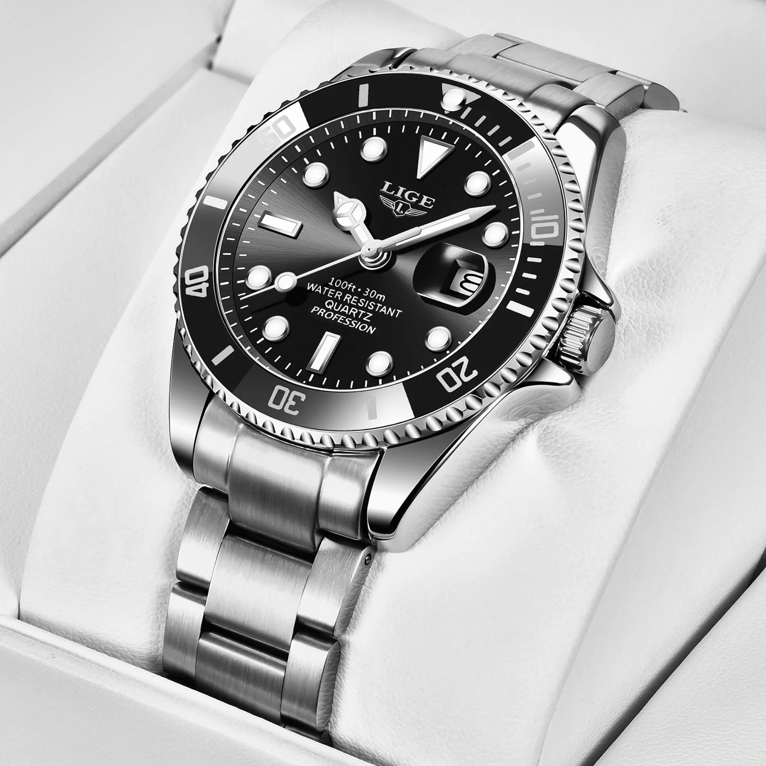 LIGE Montre Homme Acier Inoxydable Quartz Analogique étanche 3 ATM 30M