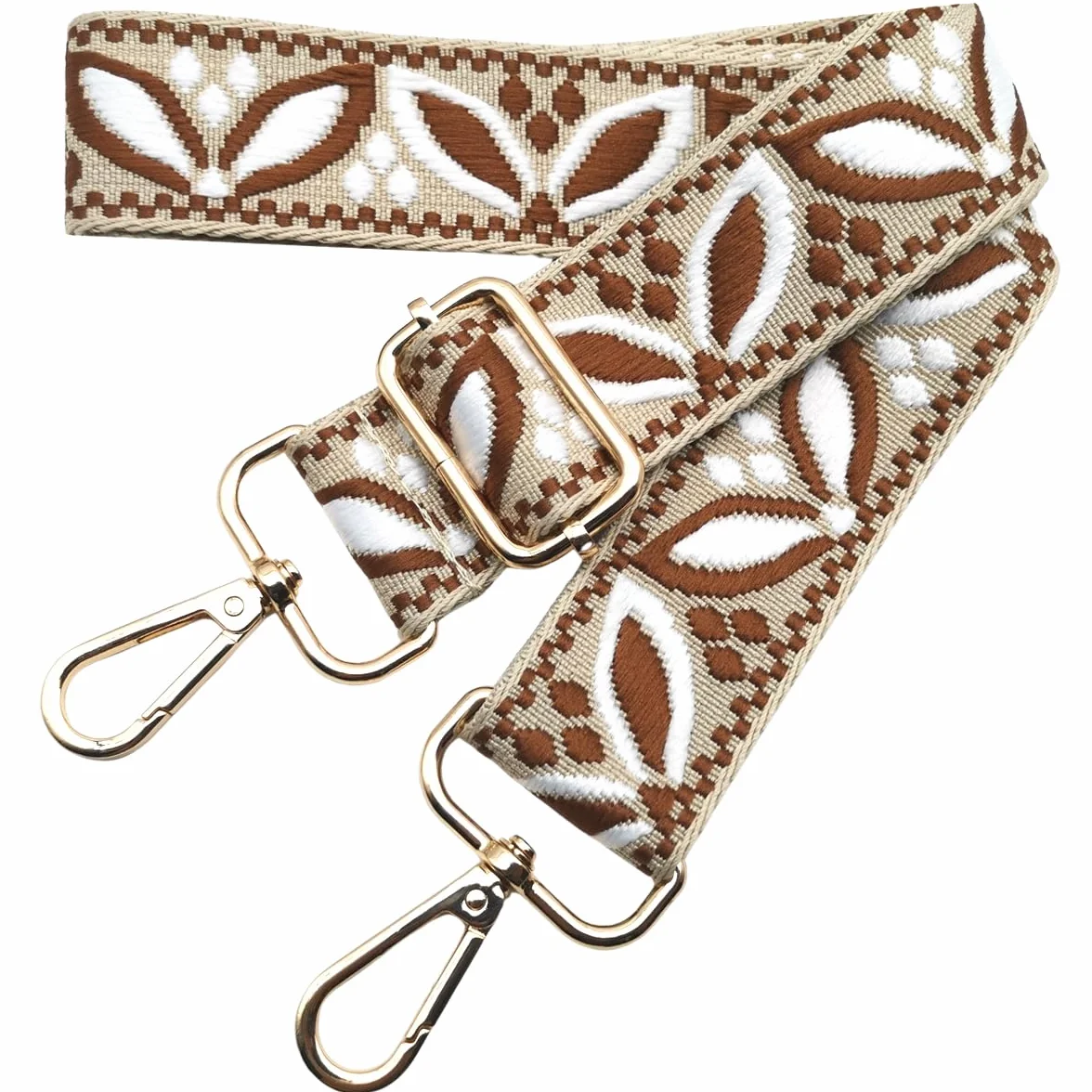 Sangle Large Sac Bandoulière Remplacement Réglable 3.8cm Mousqueton Dorée Beige-Marron Foncé