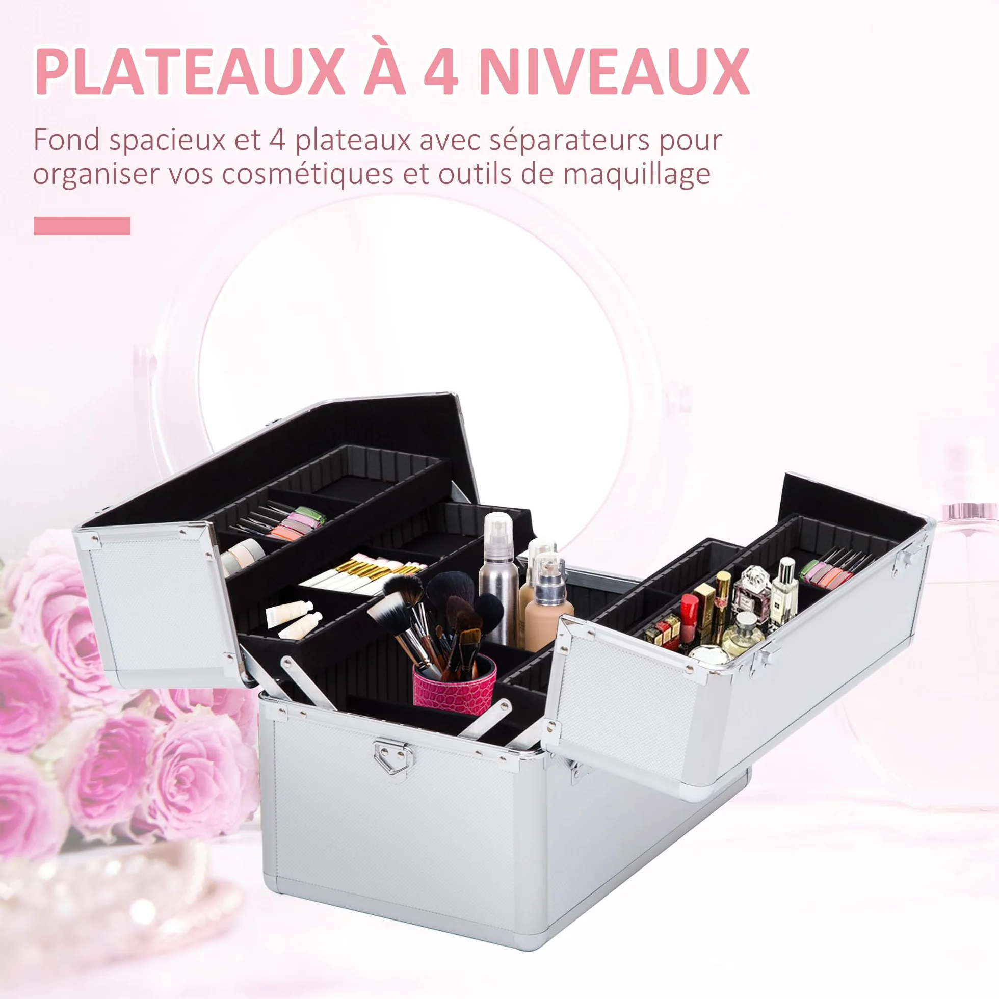 HOMCOM Mallette Maquillage Valise Cosmétique 3 Niveaux avec Clés 36,5 x 24 x 29 cm Argent