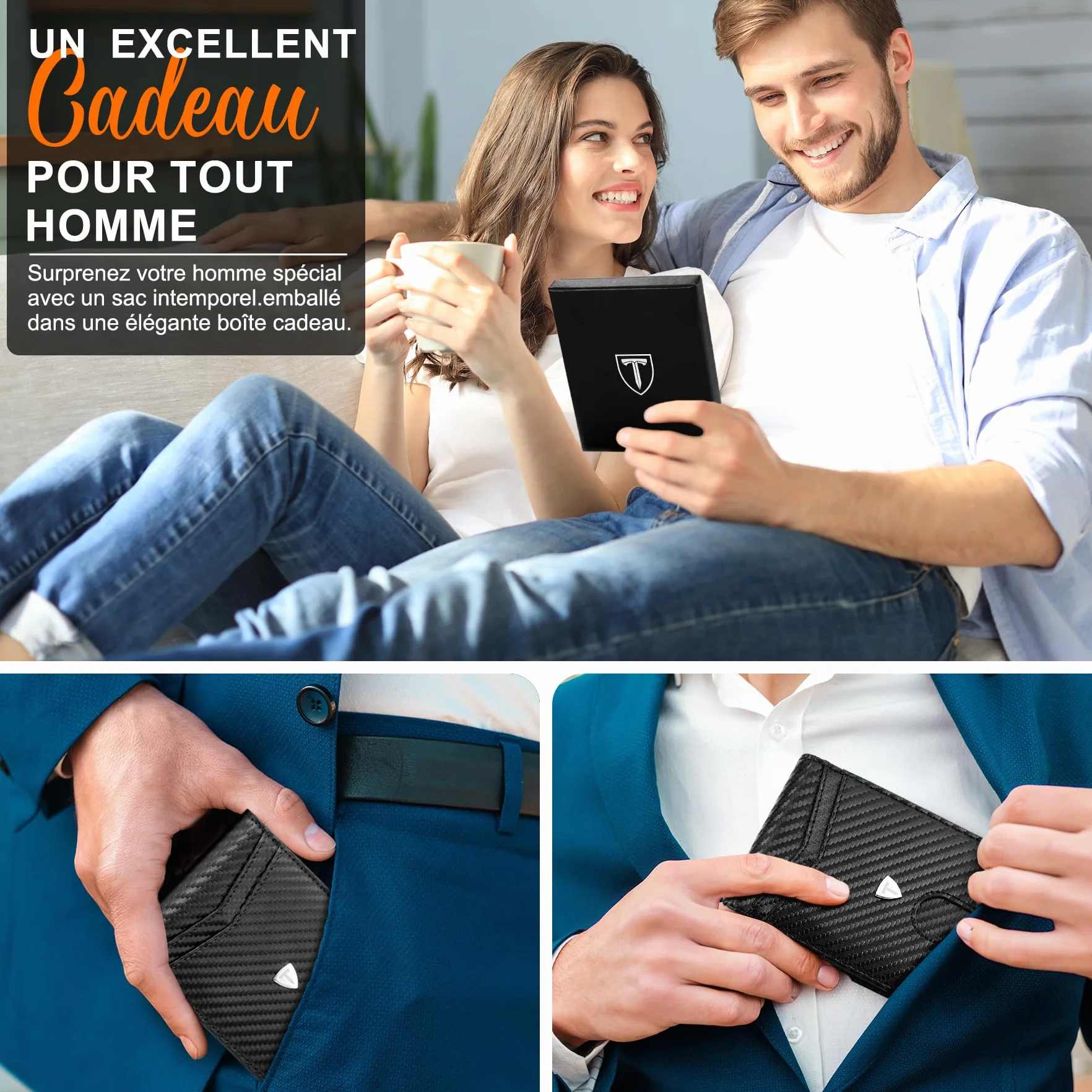 TEEHON Portefeuille Homme Slim Cuir Fibre Carbone Blocage RFID Bi-Fold Noir