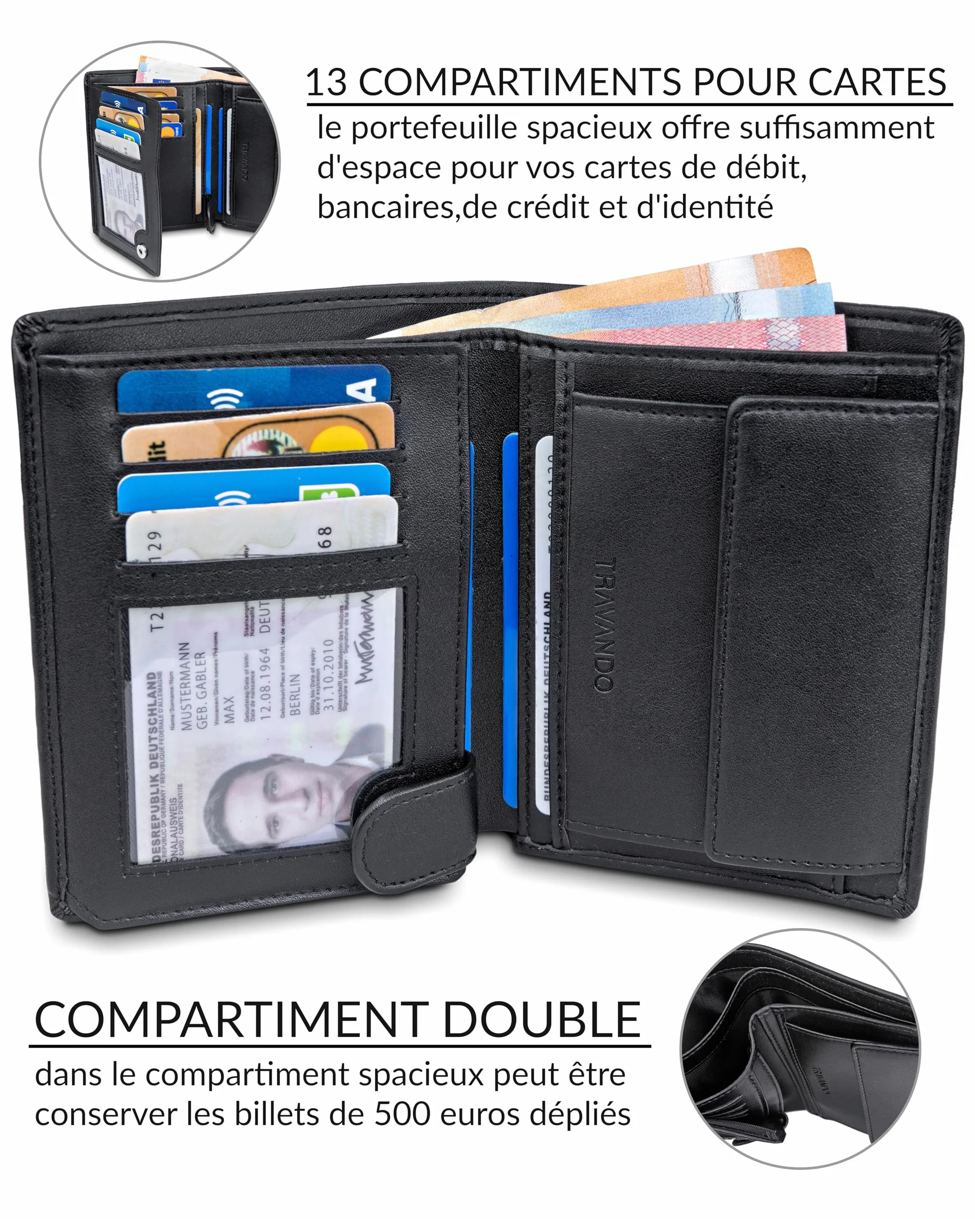 TRAVANDO Portefeuille Homme Dublin Blocage RFID Noir Classique Porte-Cartes Format Portrait