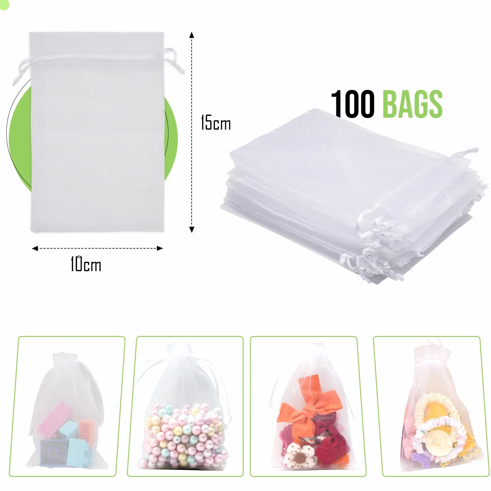 Sachet Organza 10x15 cm Blanc - Petits Sacs à Remplir avec Cordon pour Bijoux, Bonbons, Mariages