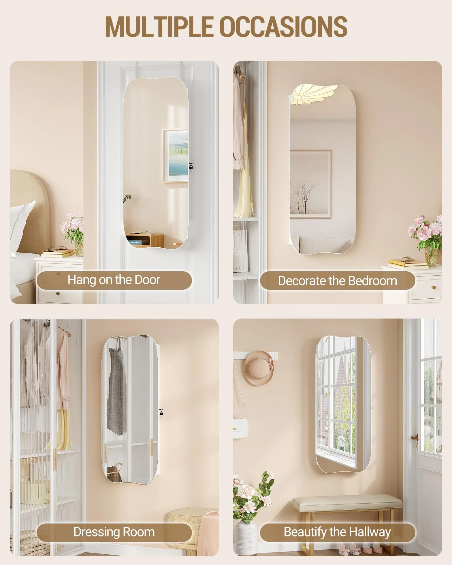 Hzuaneri Armoire à Bijoux avec Miroir Long, LED et Serrure, Grande Capacité, Suspendu ou Mural, Blanc et Doublure Grise Beige