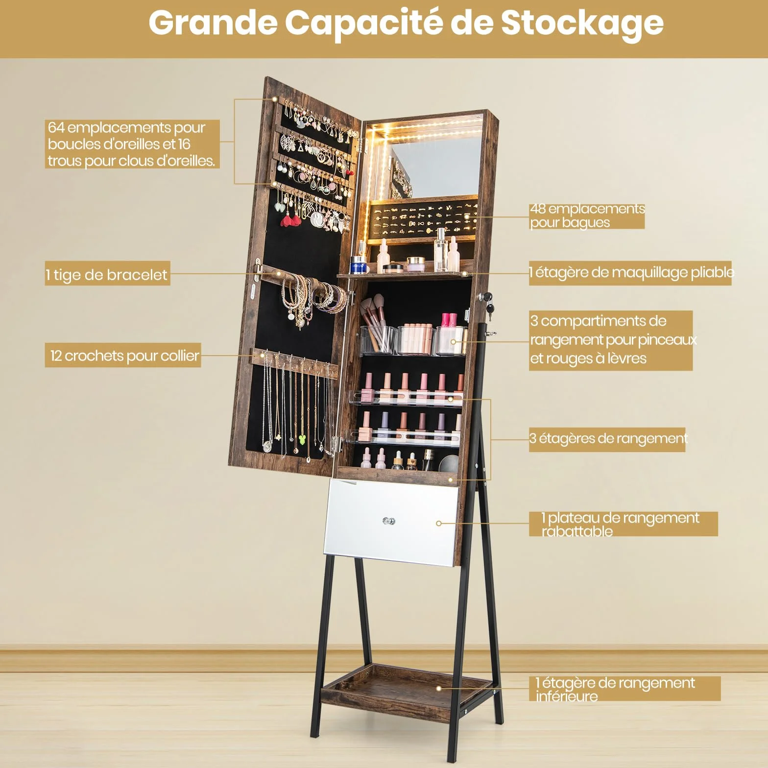 GOPLUS Armoire à Bijoux sur Pied 166CM avec Lumières LED 3 Couleurs, Miroir Pleine Longueur, Verrouillable (Marron)