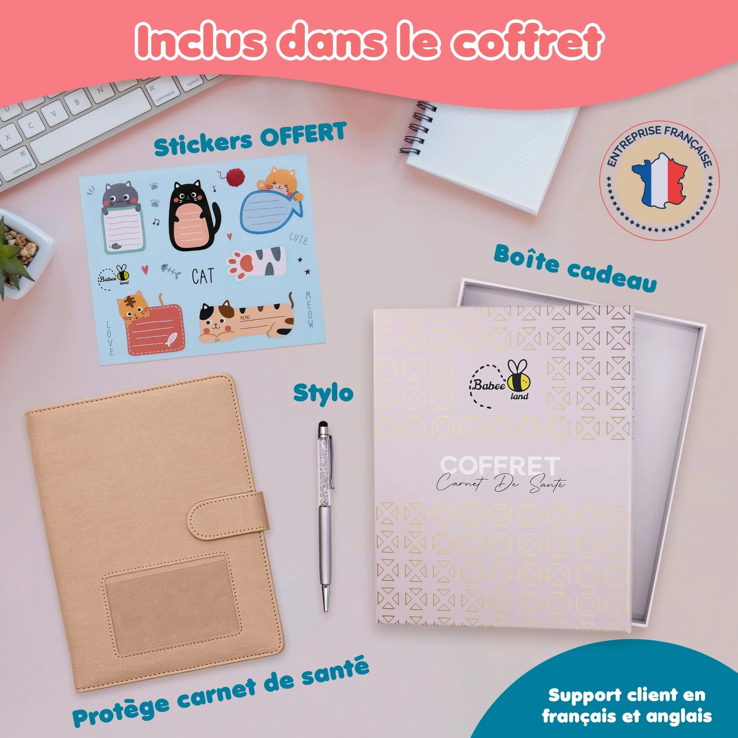 Carnet de santé bébé personnalisé avec stylo, pochette ordonnance et carte vitale, coffret cadeau naissance
