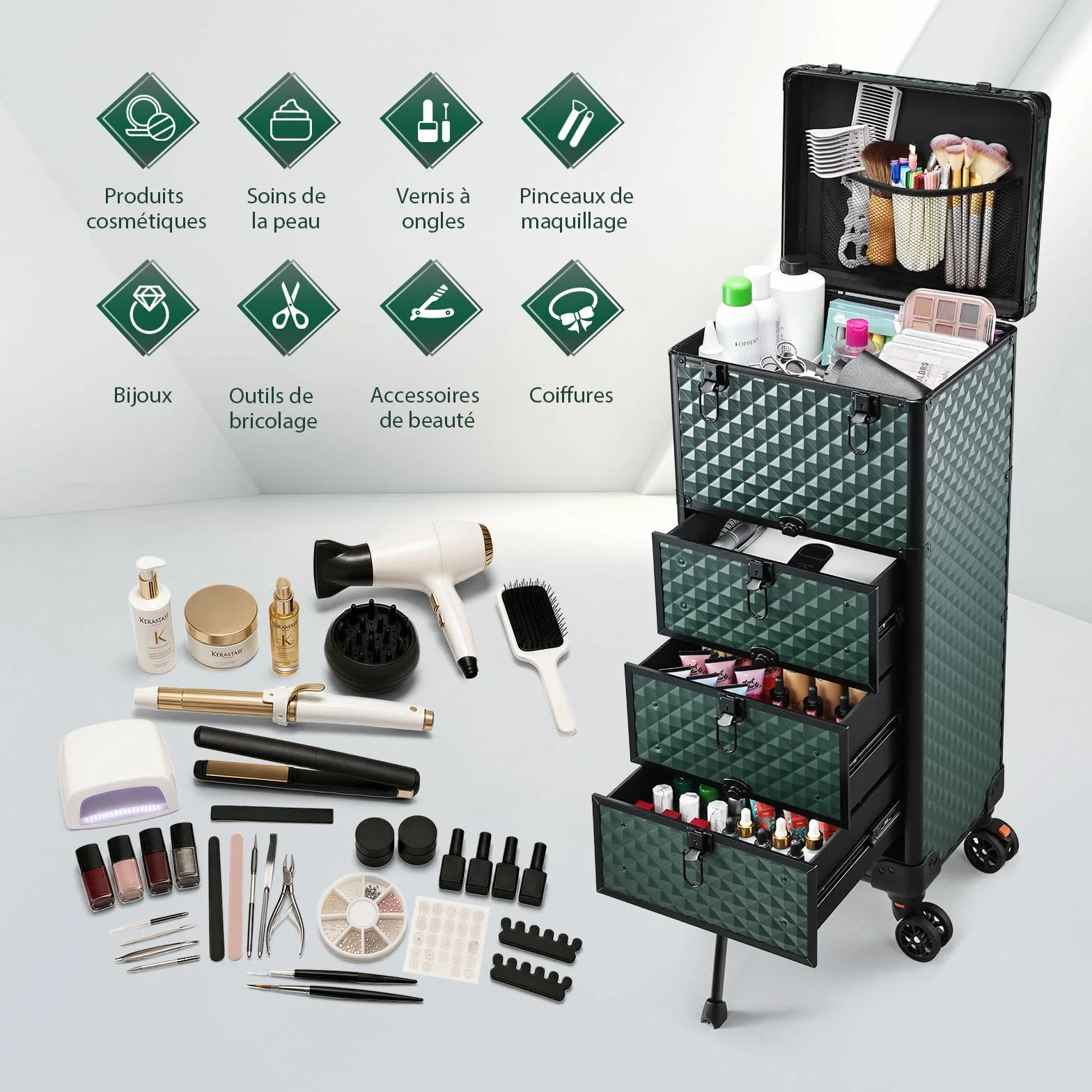 Valise de Maquillage à Roulettes Professionnelle 3 Tiroirs Verrouillage Vert