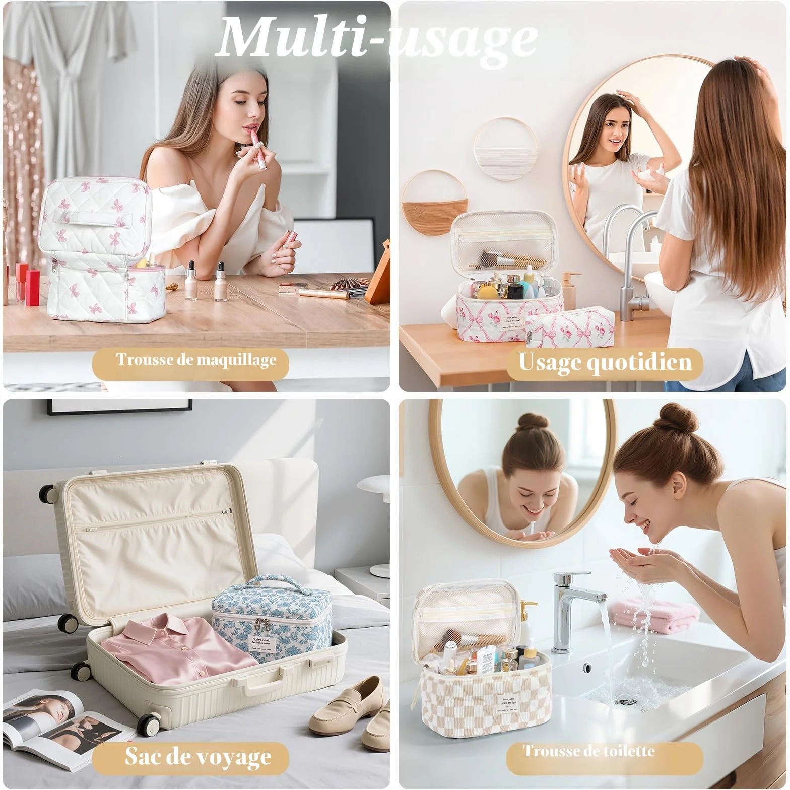 Lot de 3 Trousses de Toilette pour Femme Motif Floral Matelassée Portable Voyage (Kaki)