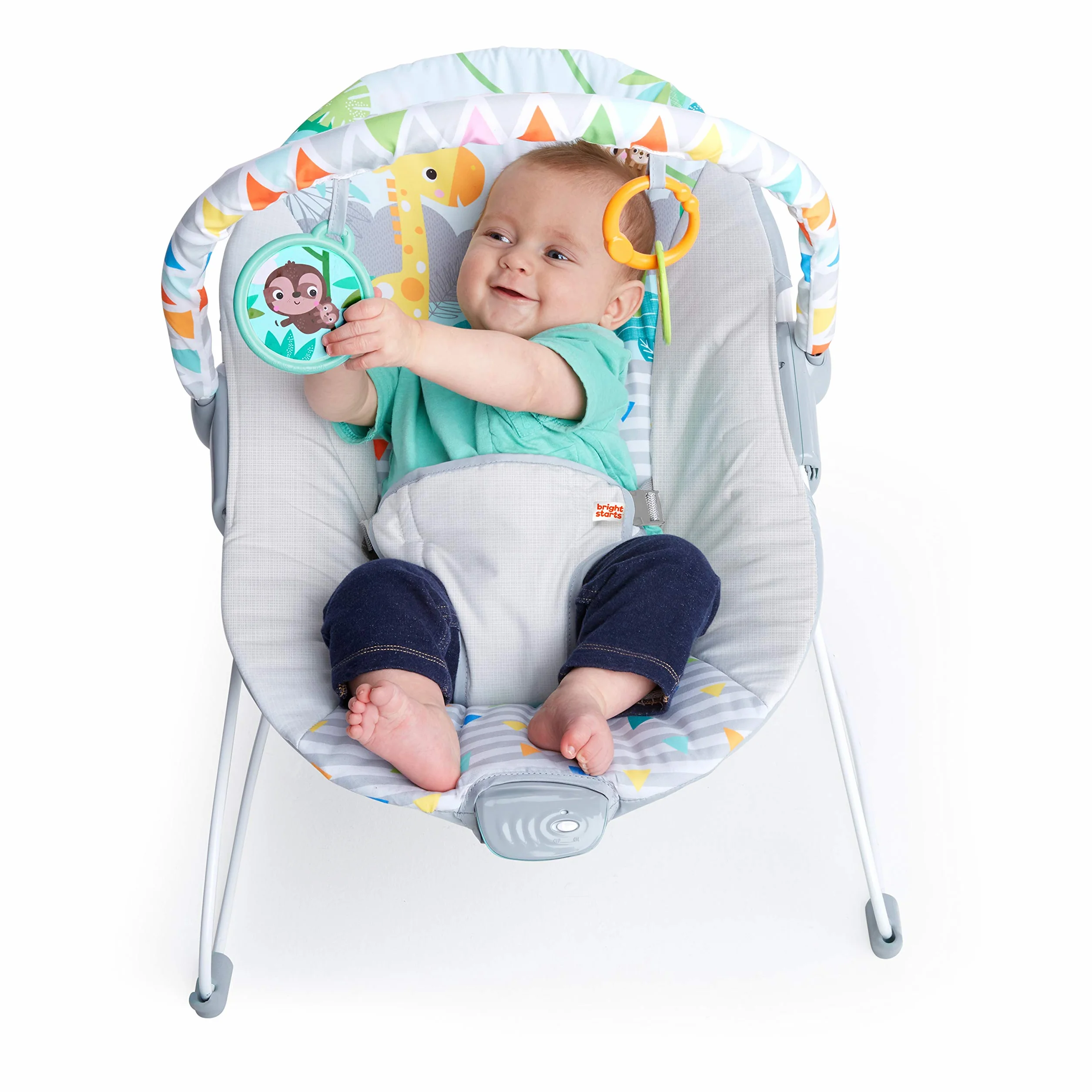 Bright Starts Transat Bébé Vibrations Apaisantes Barre de Jouets Amovible Pieds Antidérapants 0-6 Mois 9 kg Safari Fun