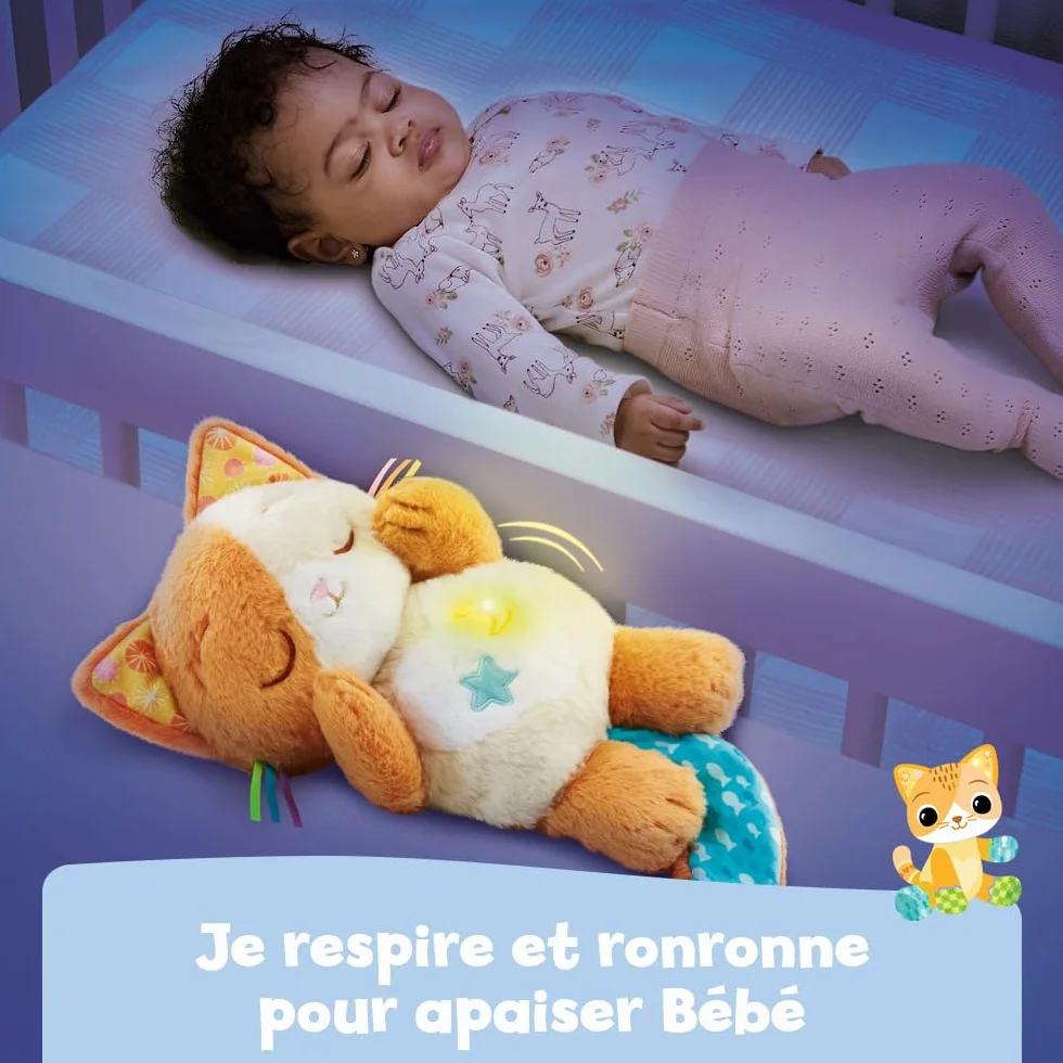 VTech Mon Chaton Douce Nuit Peluche Chat Qui Respire Veilleuse Bébé Musicale Lumineuse Berceuses Ronronnements Bruits Blancs Sons Nature Cadeau Naissance
