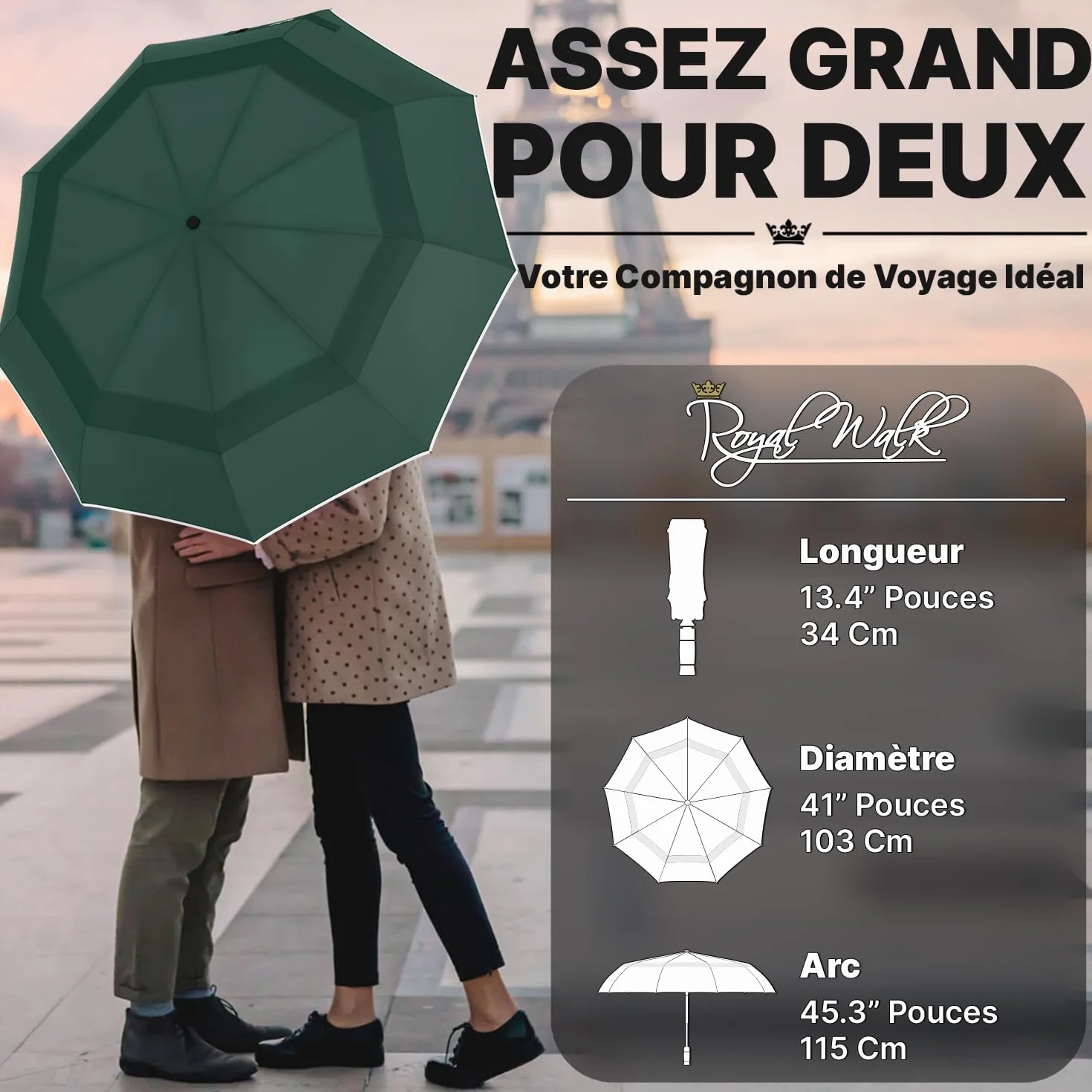 Royal Walk Parapluie de poche résistant aux tempêtes, automatique, double capote, poignée en bois véritable