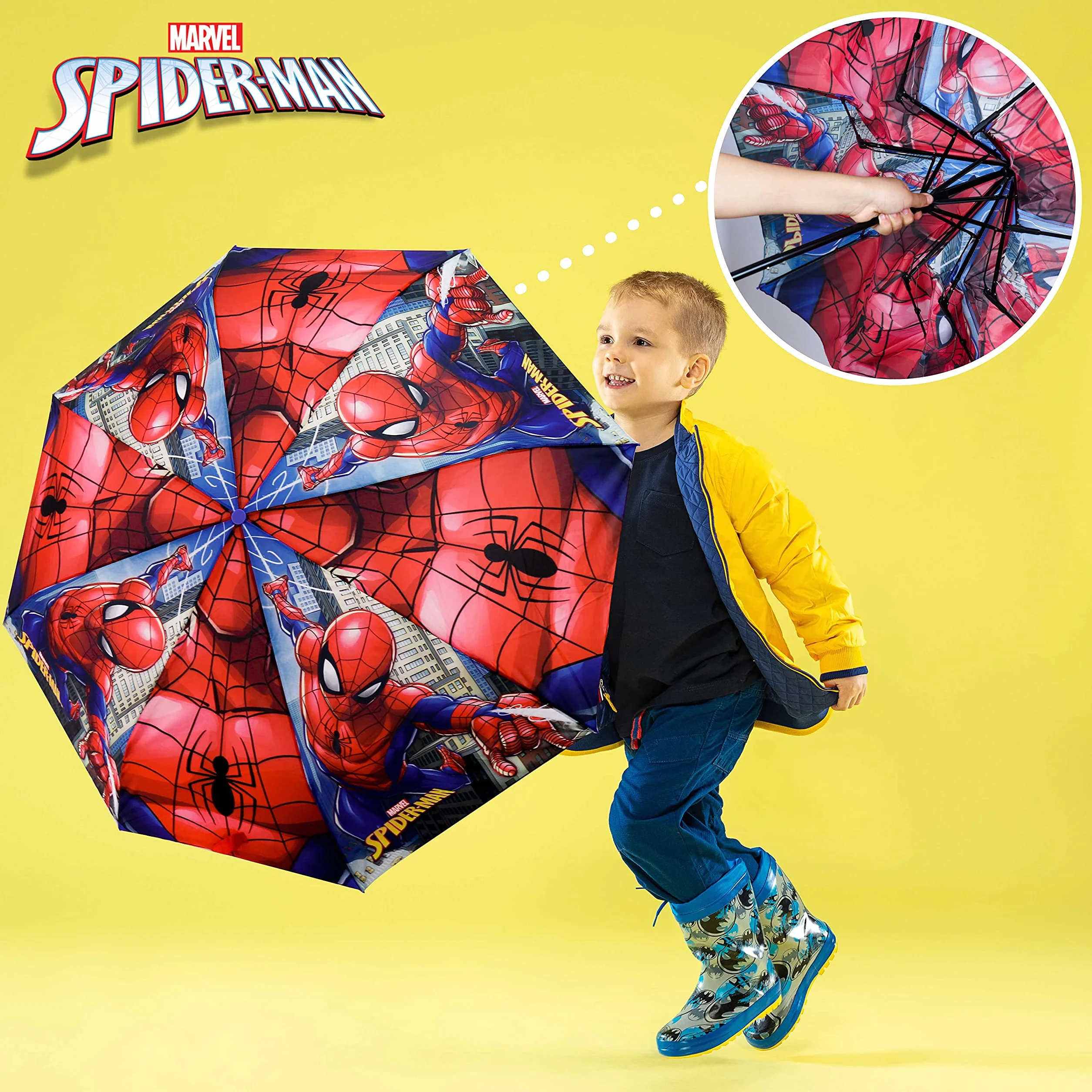 BONNYCO Parapluie Enfant Spiderman Pliant Compact Structure Renforcée Anti Tempête