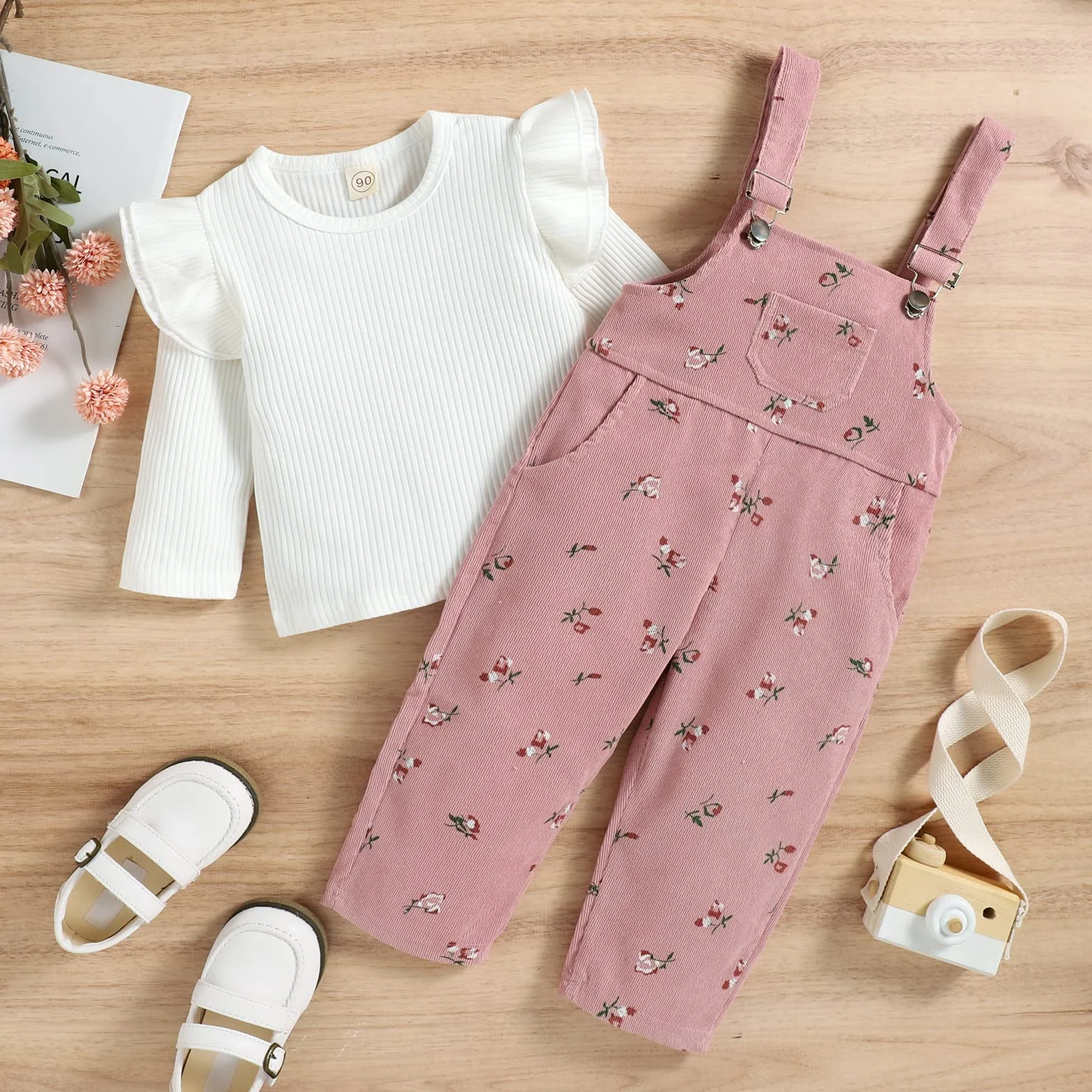 Ensemble Vêtements Bébé Fille Haut Manches Longues Tricot Côtelé Pantalon Bretelles Floral Poches