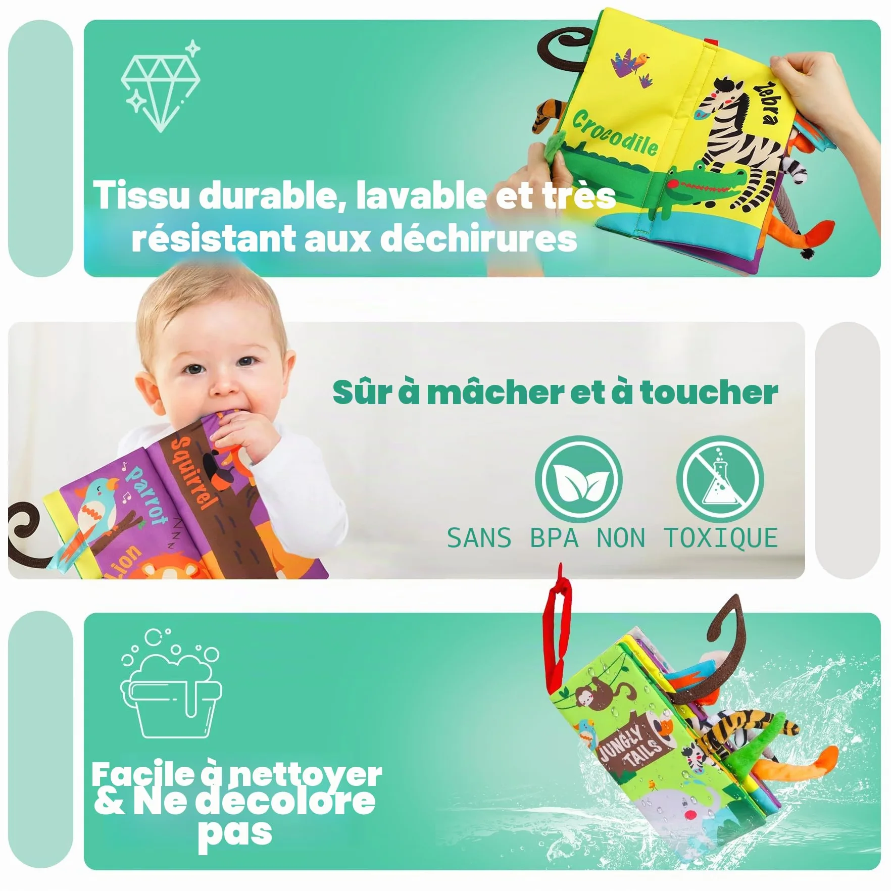 beiens Livre Tissu Bébé Eveil Sensoriel Doux Animaux 0-3 mois Cadeau Naissance