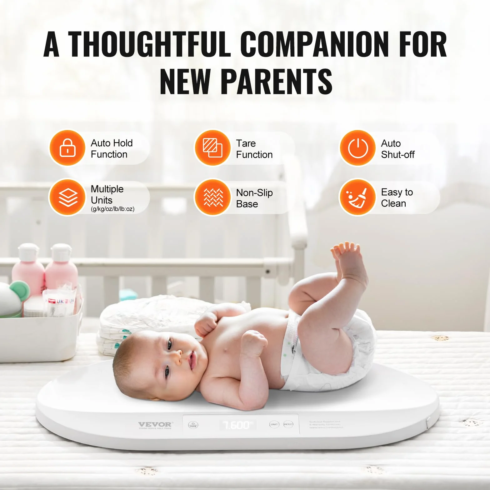 VEVOR Pèse-bébé Numérique Bluetooth, Ruban à Mesure Intégré, Fonction Maintien et Tare, 40 kg, 5 Unités