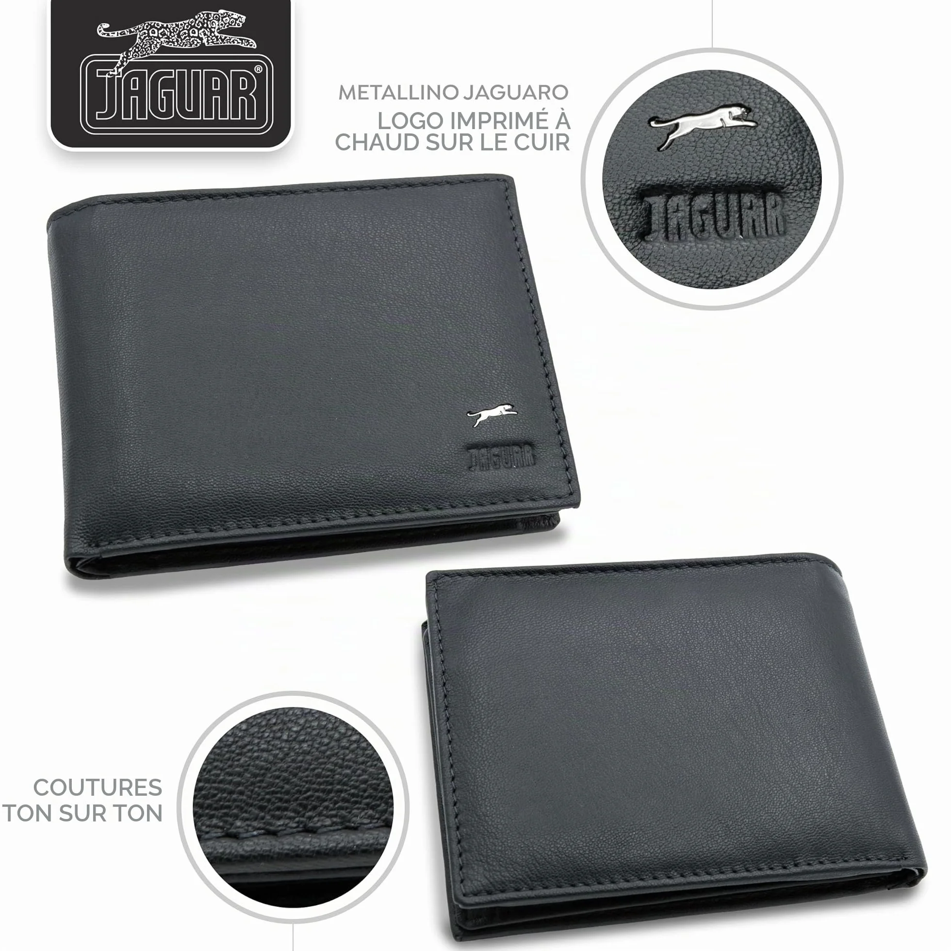 JAGUAR Portefeuille Homme Cuir Noir avec Fentes pour Cartes, Léger 75 g