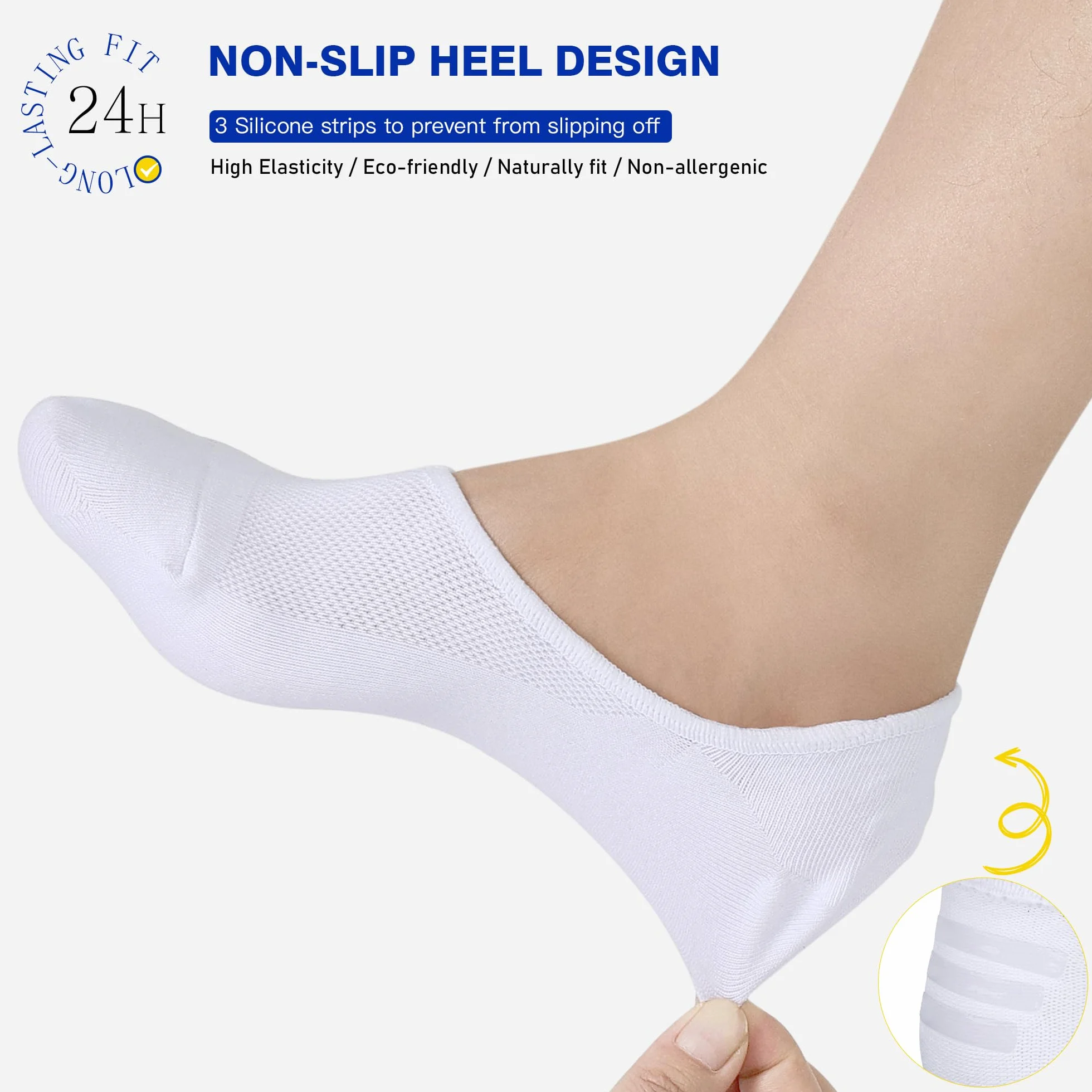 CLOSEMATE Chaussettes Invisibles Homme Femme 39-46 Coton 6 Paires Antidérapantes Blanc Noir Gris