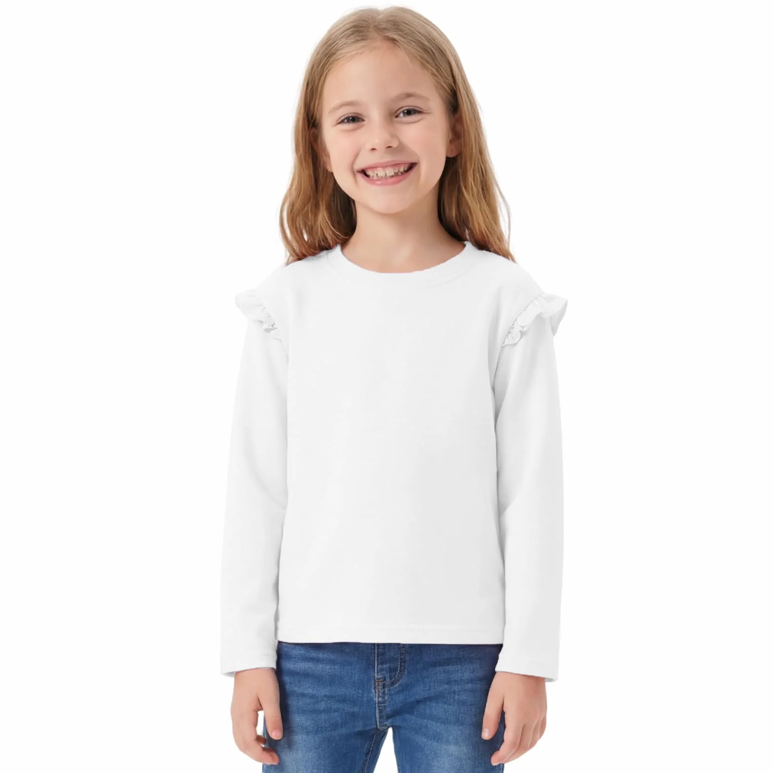 T-Shirt Fille Coton Manches Longues Col Rond Volanté Décontracté Haut Sport Enfant 6-12 Ans