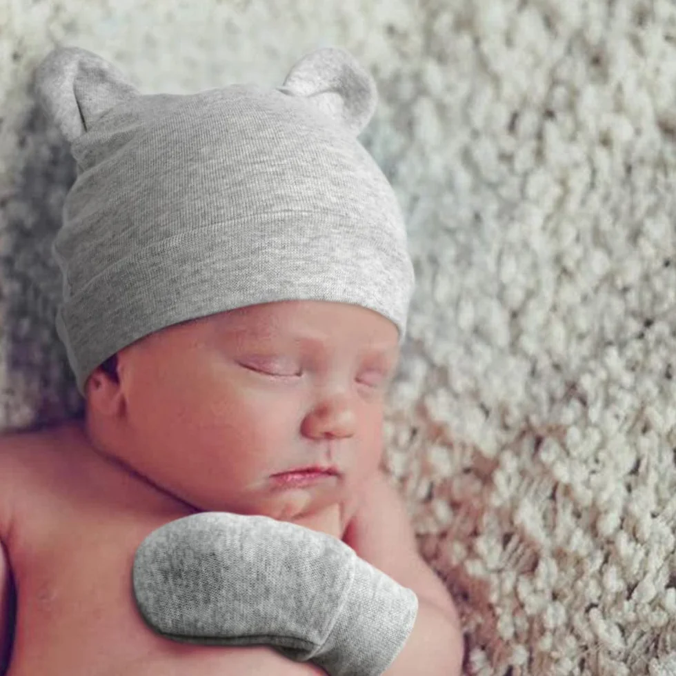 Bonnets de Naissance et Moufles de Protection Bébé Gants Bonnet Nouveau-né 0-6 Mois Taille Unique