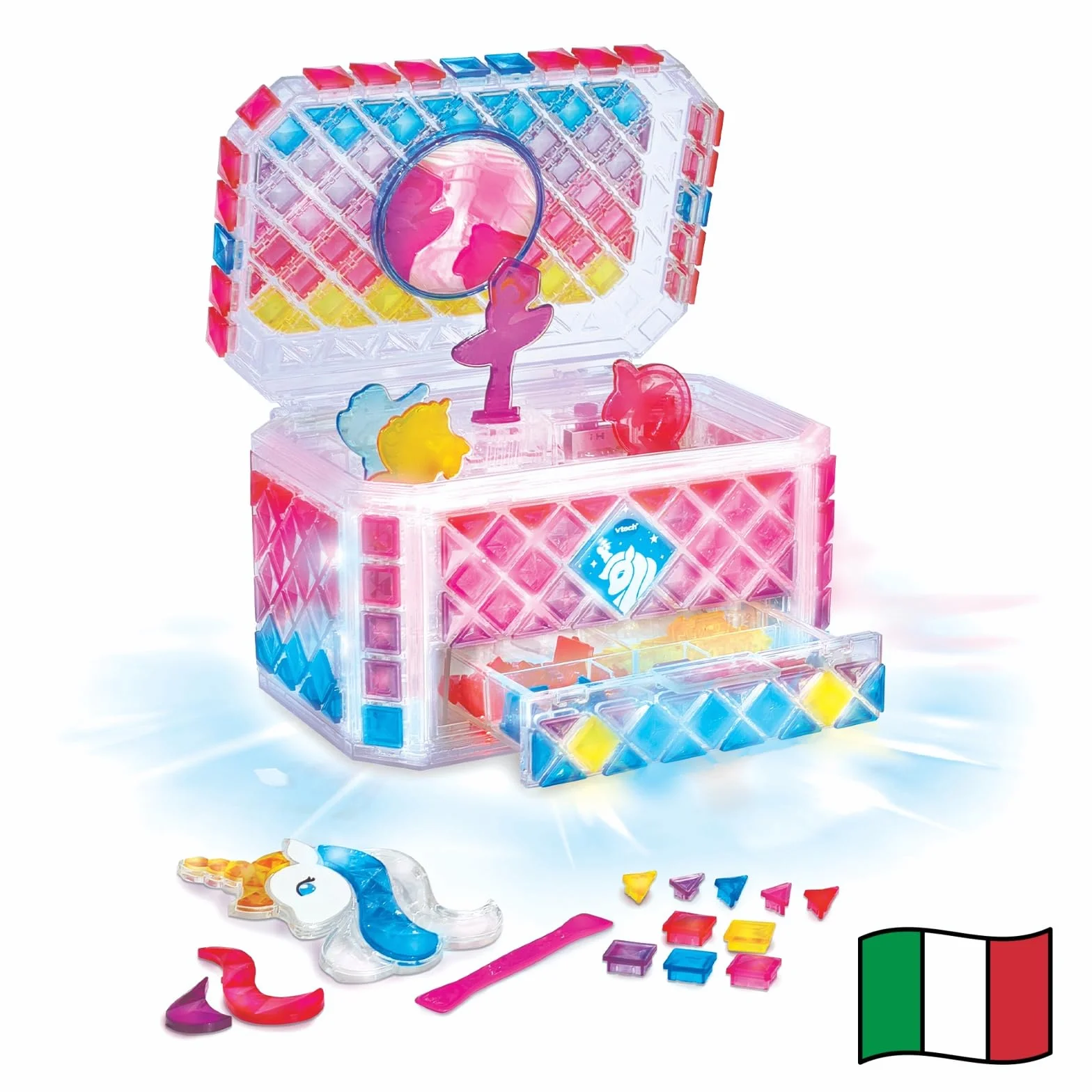 VTech Mosaic Magic Lights Boîte à Bijoux Lumineuse pour Enfant, Personnalisable avec 200 Carreaux de Mosaïque, 4 Figurines, Mélodies Relaxantes, Langue Italienne