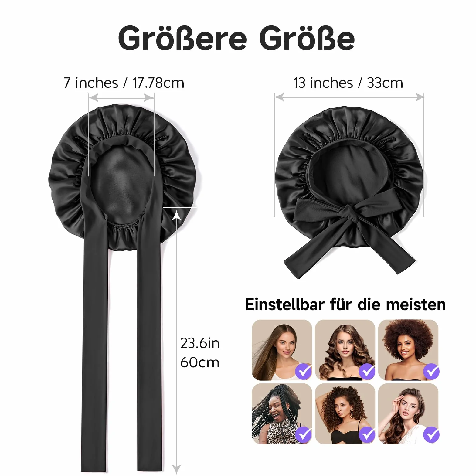 Bonnet de Nuit en Soie de Mûrier 22 Momme Umisleep, Double Couche pour Cheveux Frisés, Respirant, Large Bande Ajustable, Noir